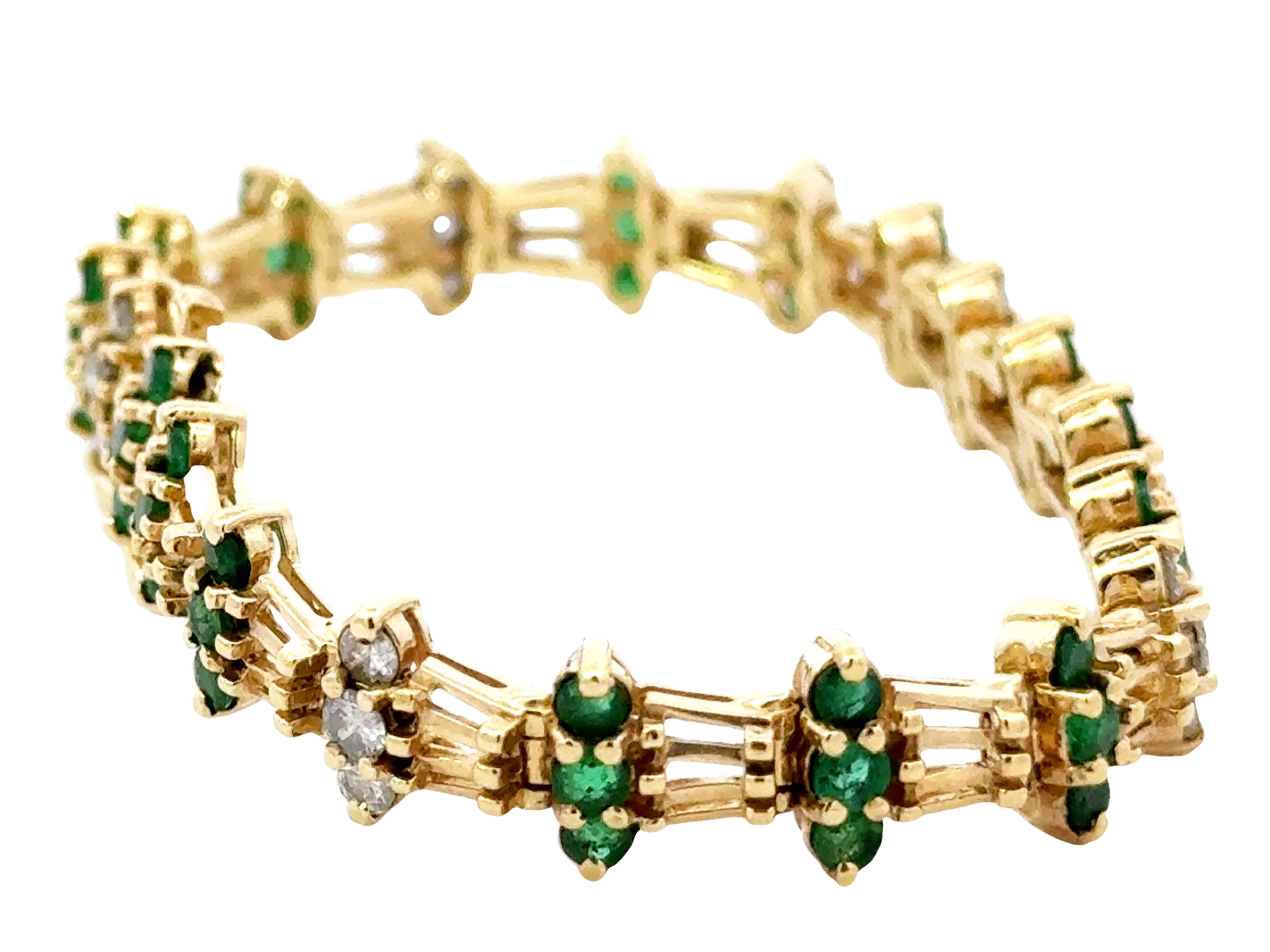 Modern Emerald and Diamond Link Bracelet 14k Yellow Gold For Sale