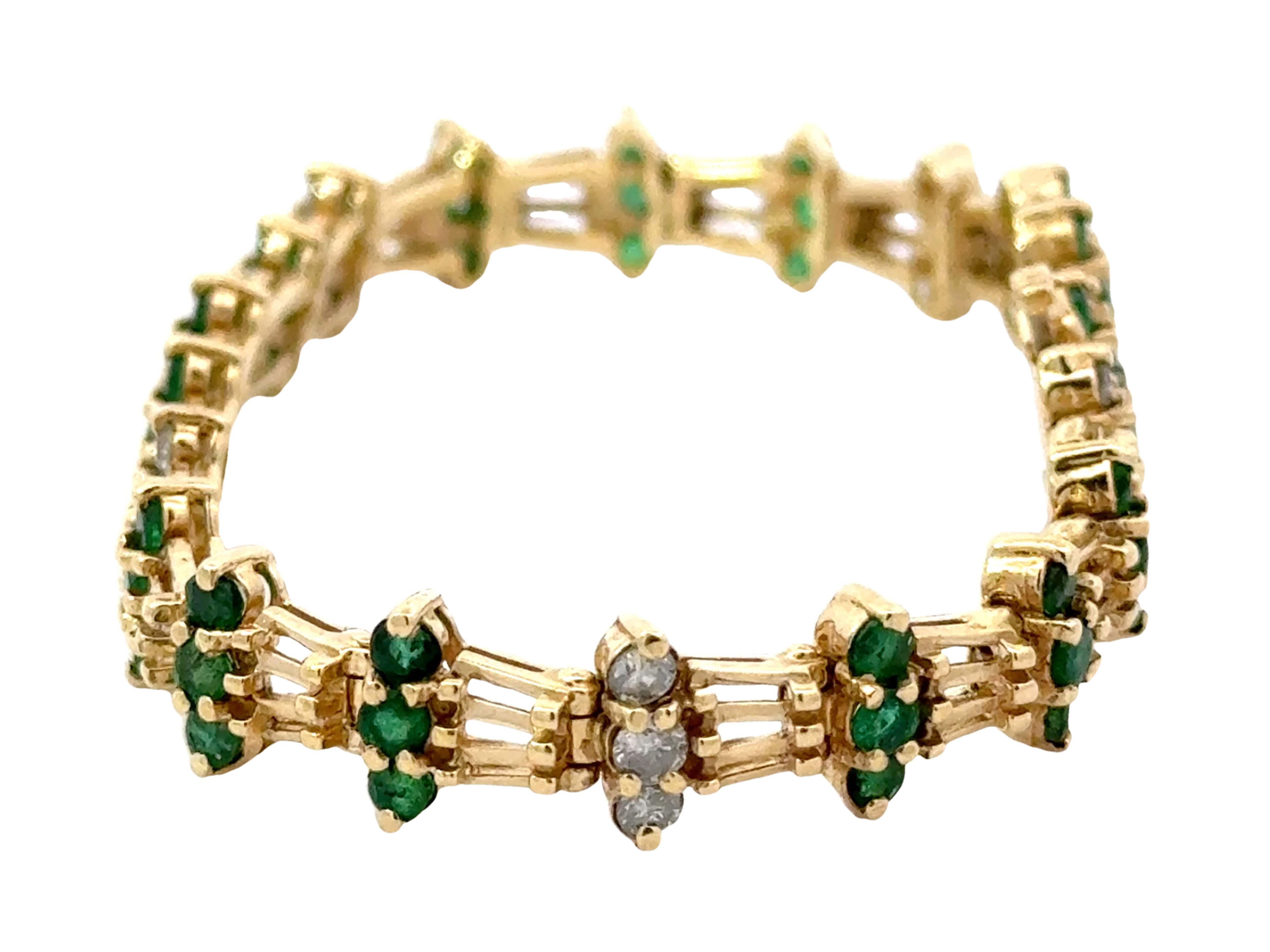 Brilliant Cut Emerald and Diamond Link Bracelet 14k Yellow Gold For Sale