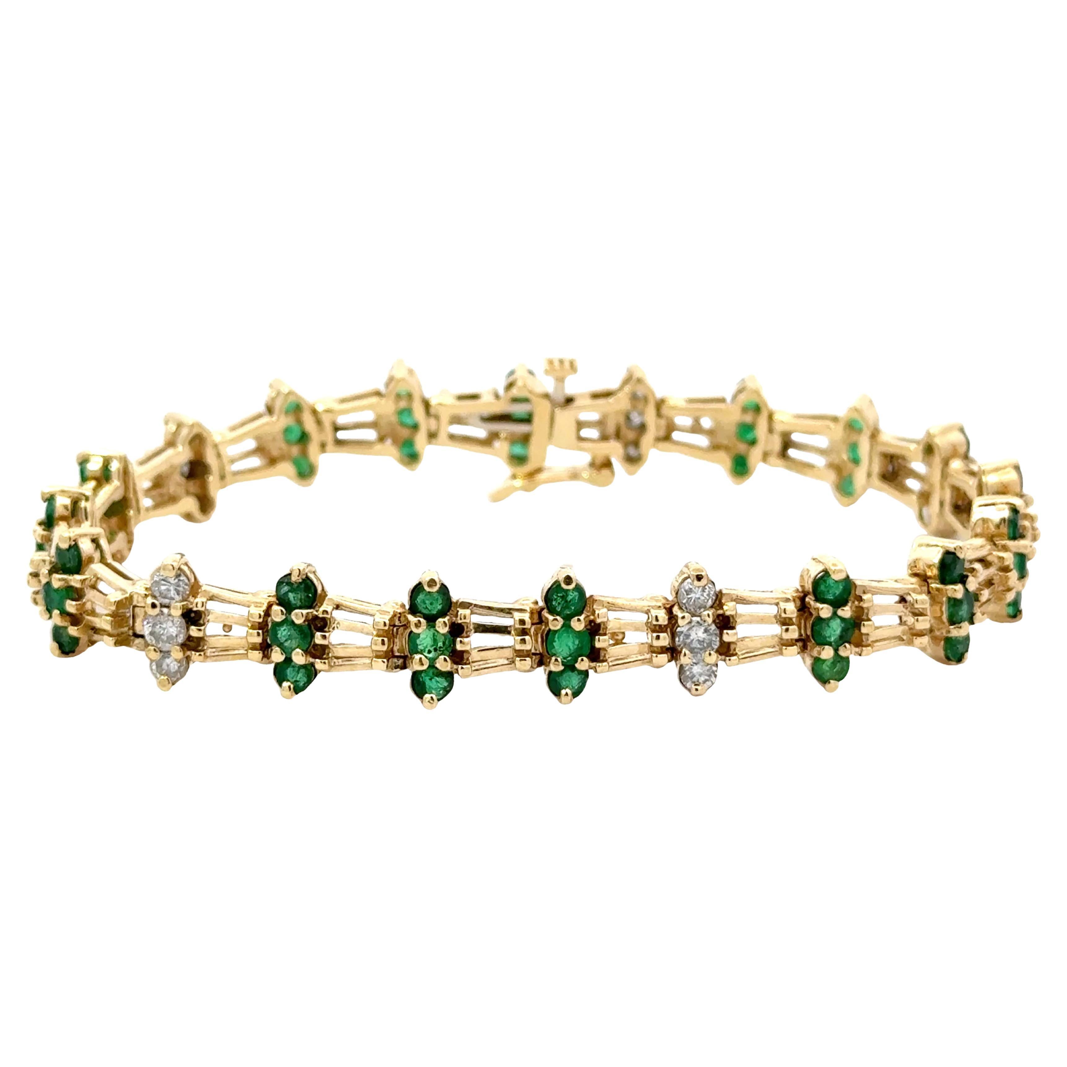 Emerald and Diamond Link Bracelet 14k Yellow Gold