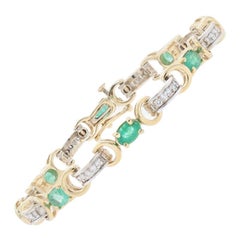 Emerald and Diamond Link Bracelet, 14k Yellow Gold Oval Brilliant 4.55 Carat