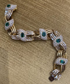 Emerald and Diamond Link Statement Bracelet by RCM in 18k Yellow Gold