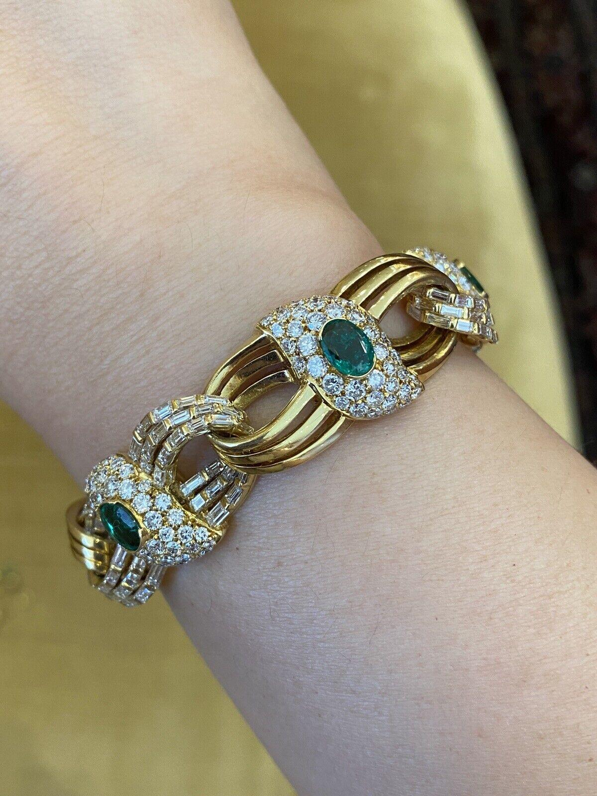 Oval Cut Emerald and Diamond Link Statement Bracelet by RCM in 18k Yellow Gold For Sale