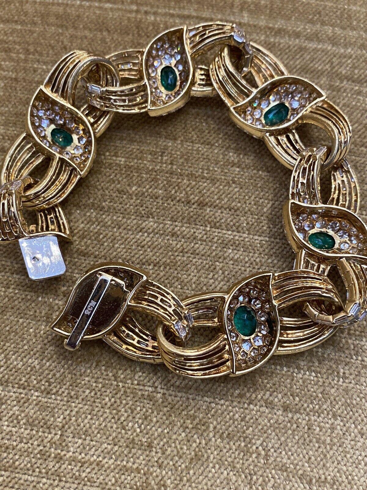 Women's Emerald and Diamond Link Statement Bracelet by RCM in 18k Yellow Gold For Sale