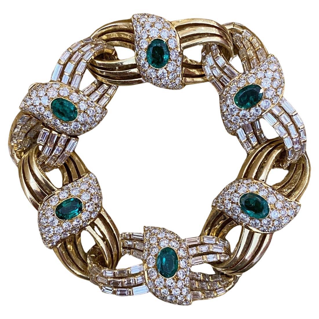 Emerald and Diamond Link Statement Bracelet by RCM in 18k Yellow Gold For Sale