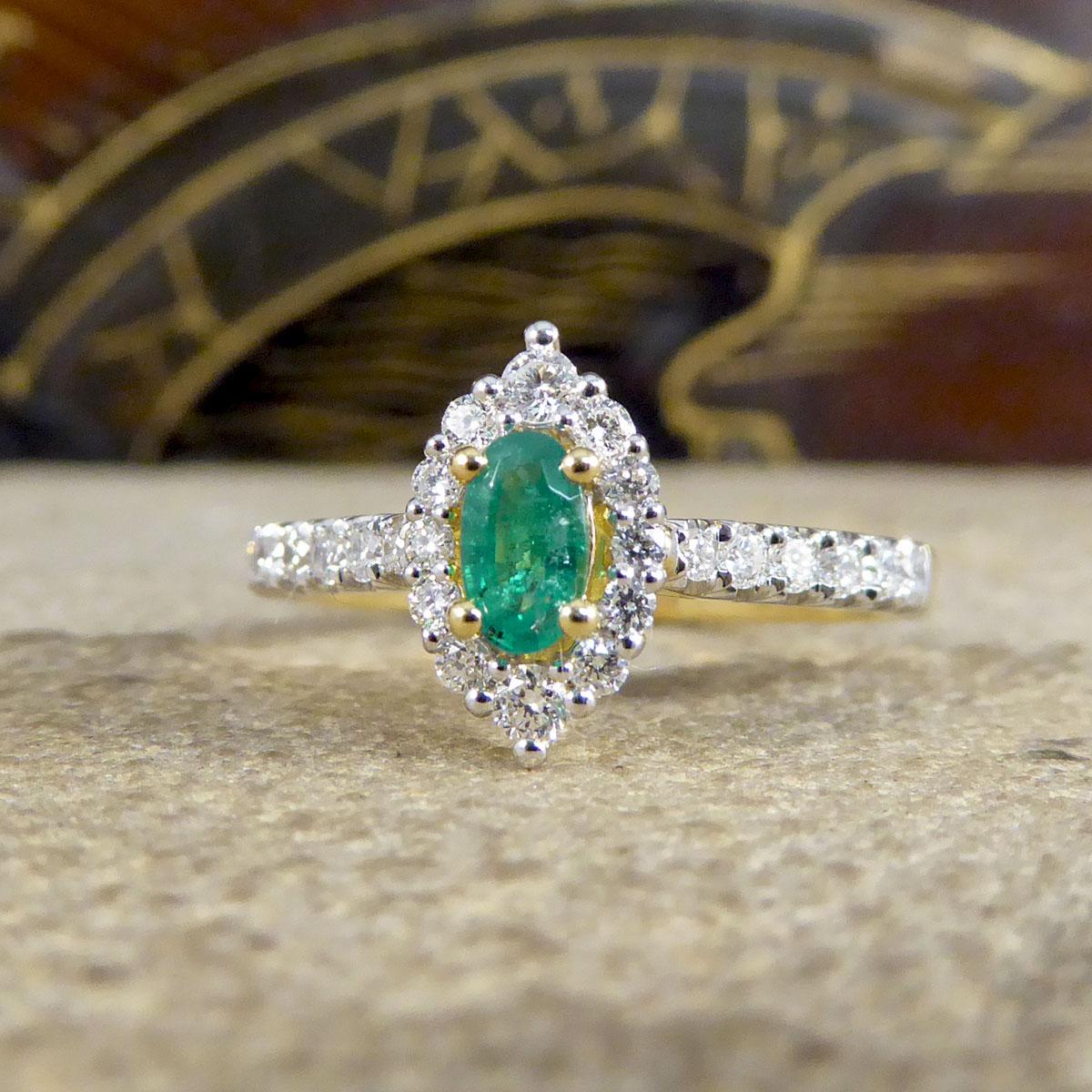 Emerald and Diamond Marquise Halo Cluster Ring and Diamond Shoulders 18ct Gold In New Condition In Yorkshire, West Yorkshire