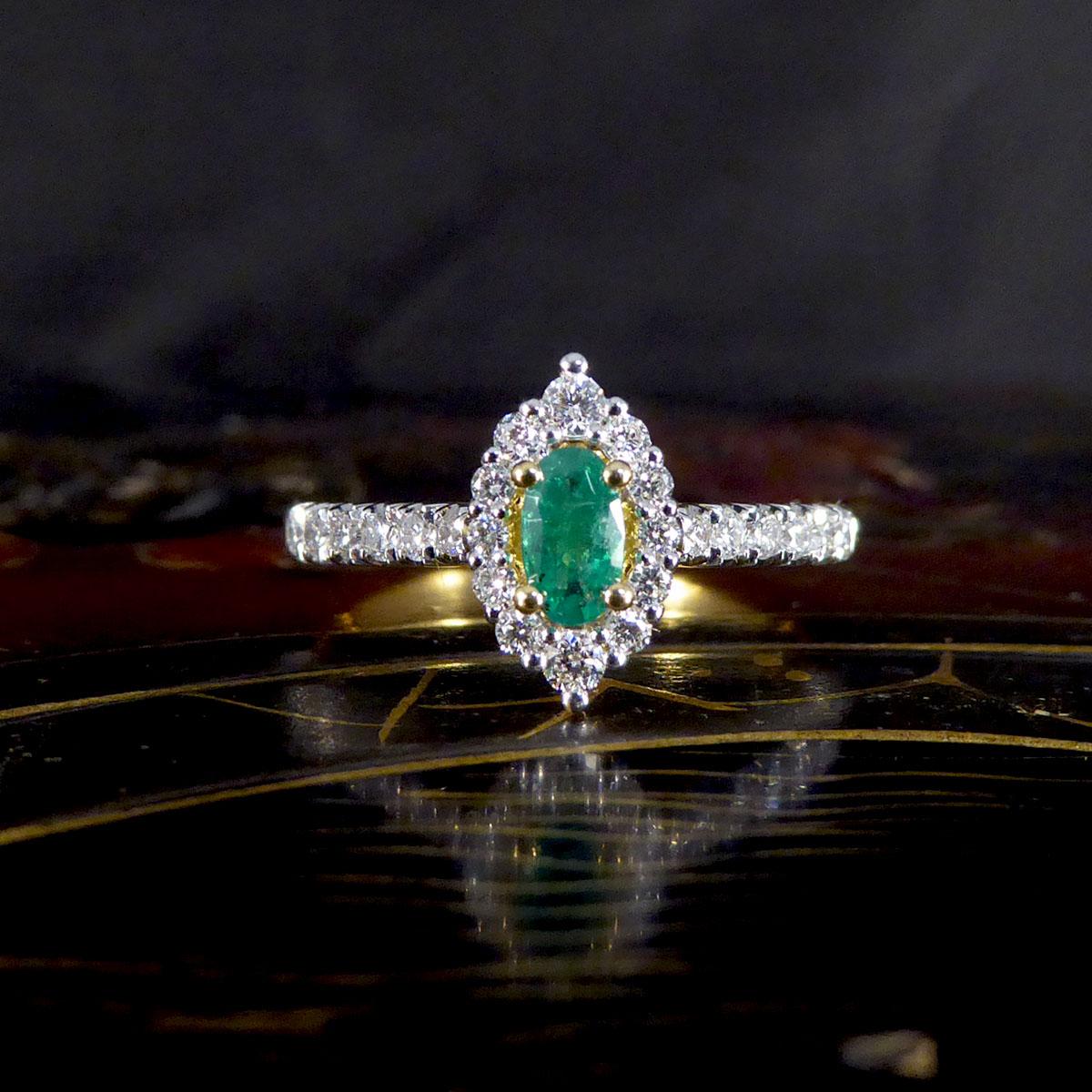 Emerald and Diamond Marquise Halo Cluster Ring and Diamond Shoulders 18ct Gold 2