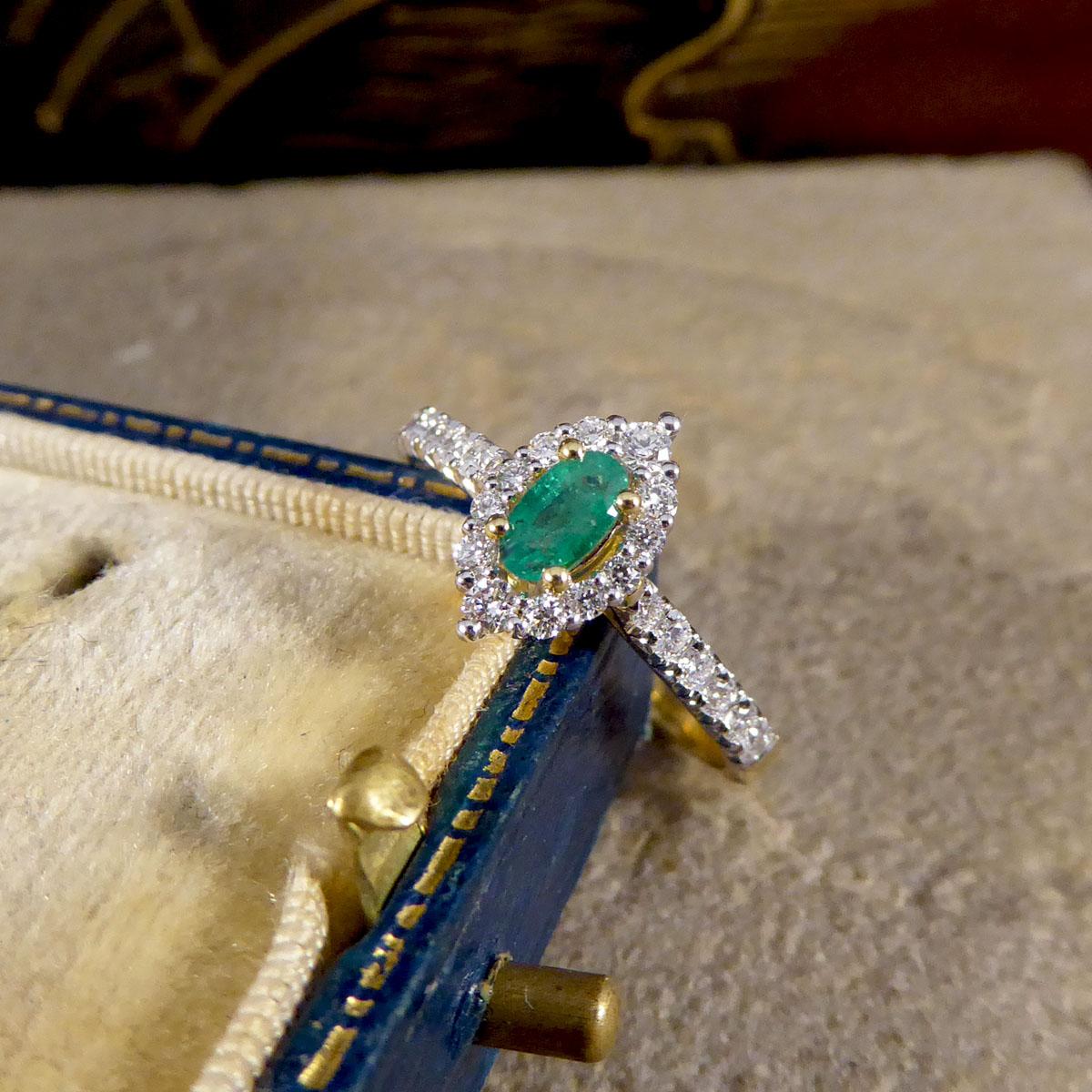 Emerald and Diamond Marquise Halo Cluster Ring and Diamond Shoulders 18ct Gold 3
