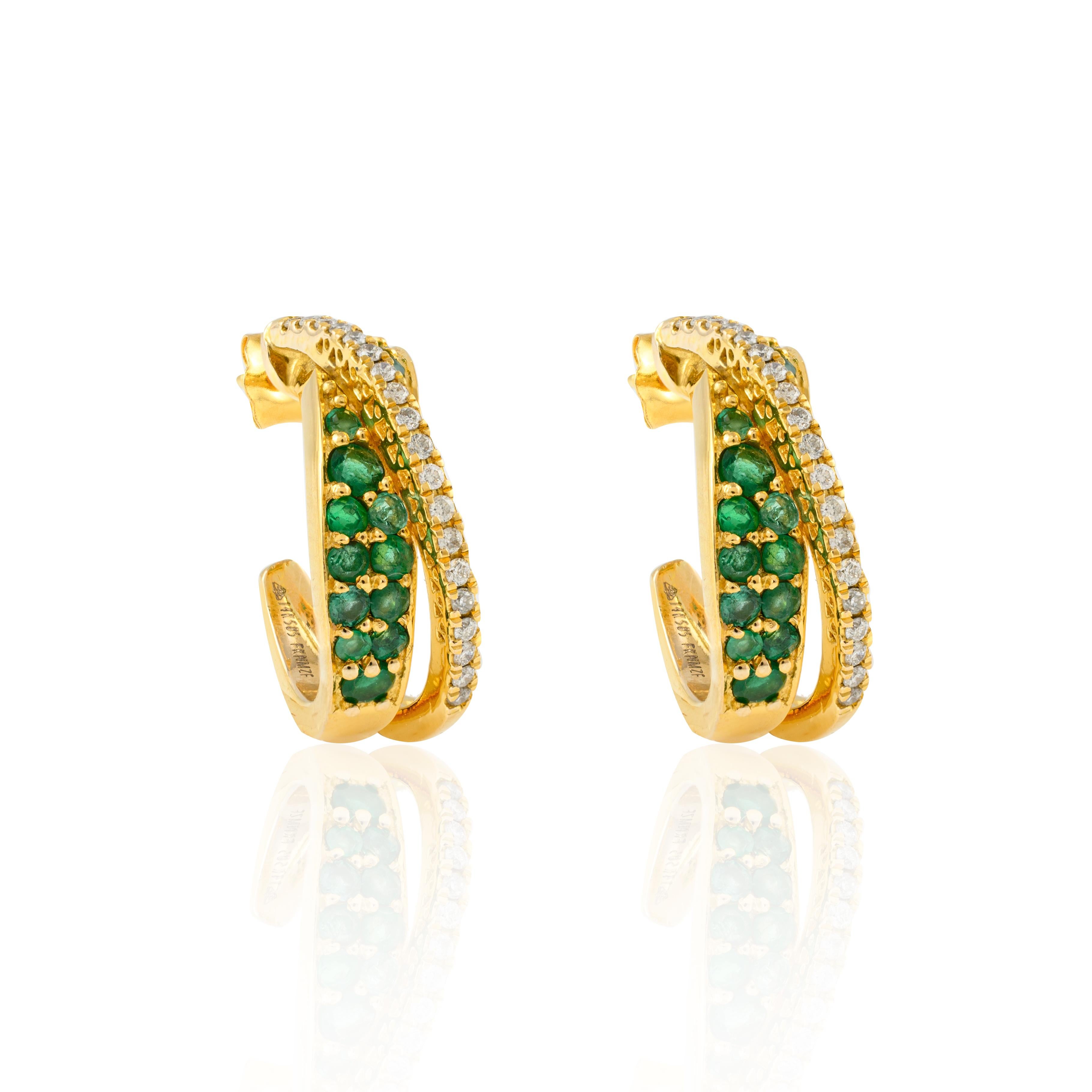 Round Cut Emerald and Diamond Mini C-Hoops Earrings in Solid 14k Yellow Gold For Sale