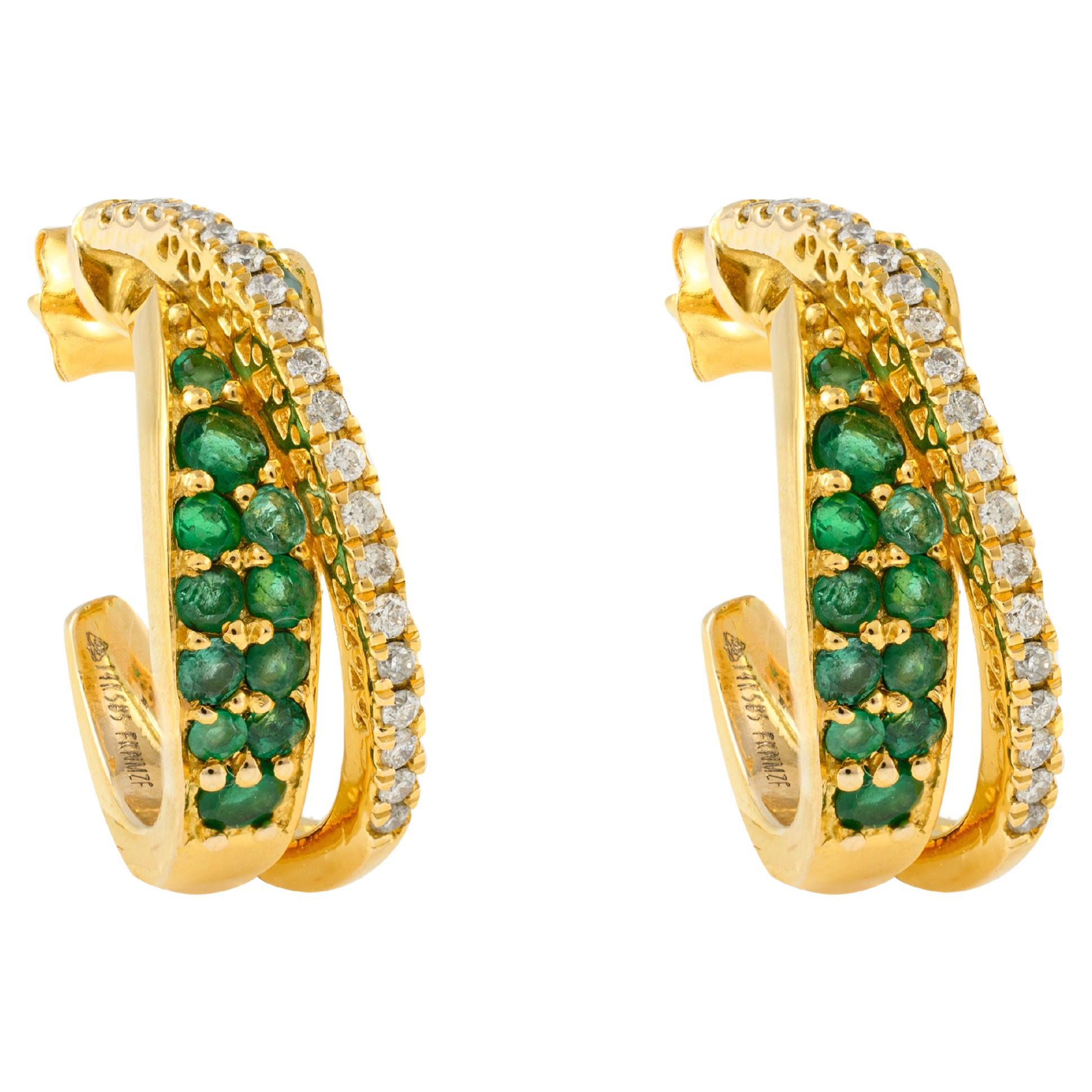 Emerald and Diamond Mini C-Hoops Earrings in Solid 14k Yellow Gold For Sale