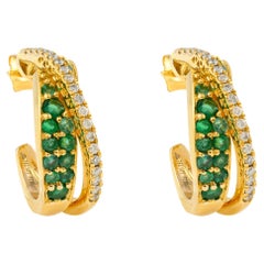 Emerald and Diamond Mini C-Hoops Earrings in Solid 14k Yellow Gold