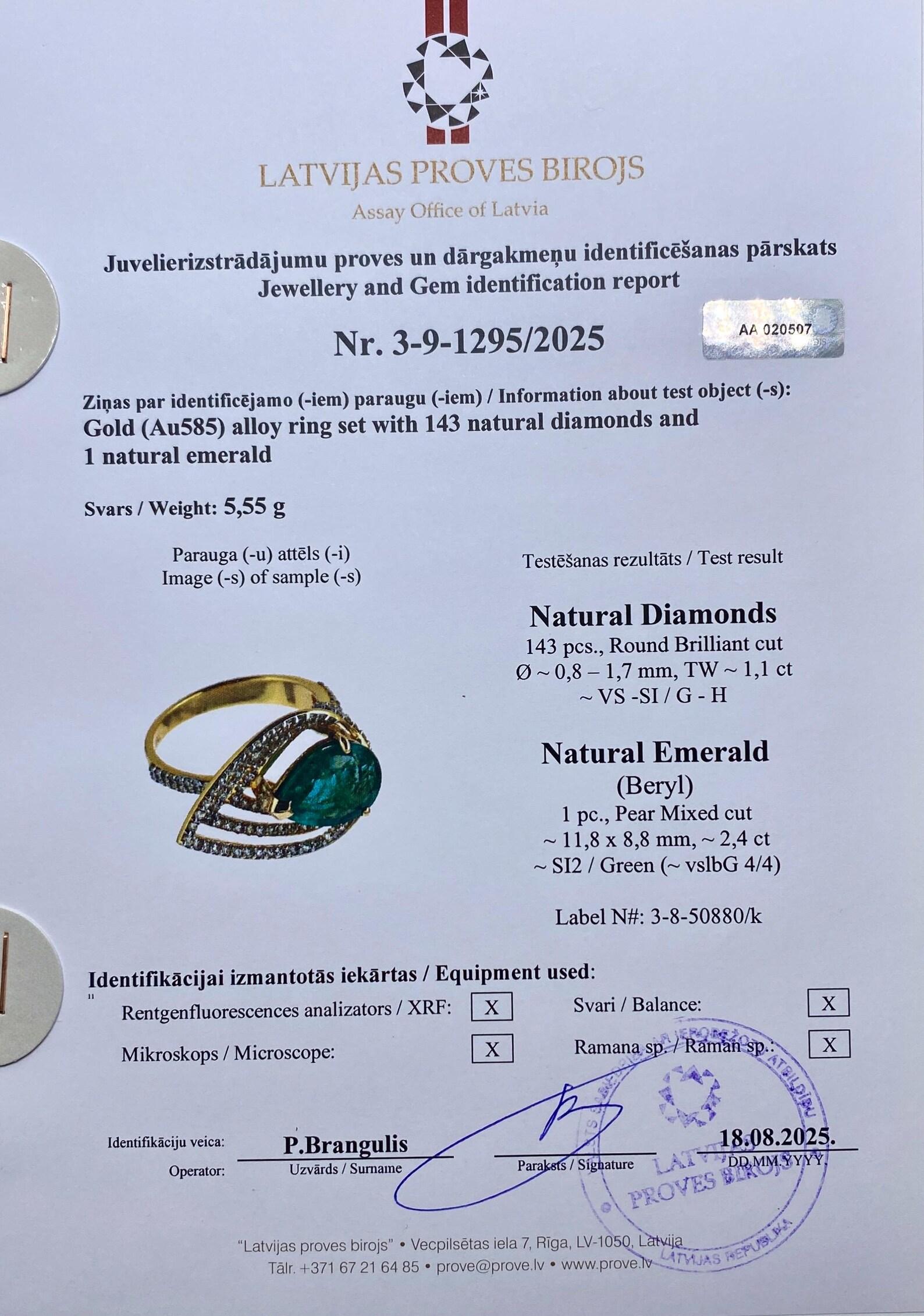 Bague en or jaune 14 carats, émeraude et diamant, 7US, certificat en vente 5