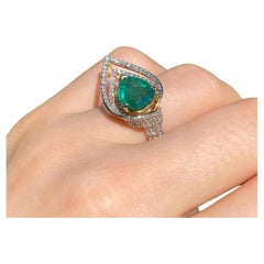 Anello con smeraldo e diamante naturale, oro giallo 14 carati 7US, certificato