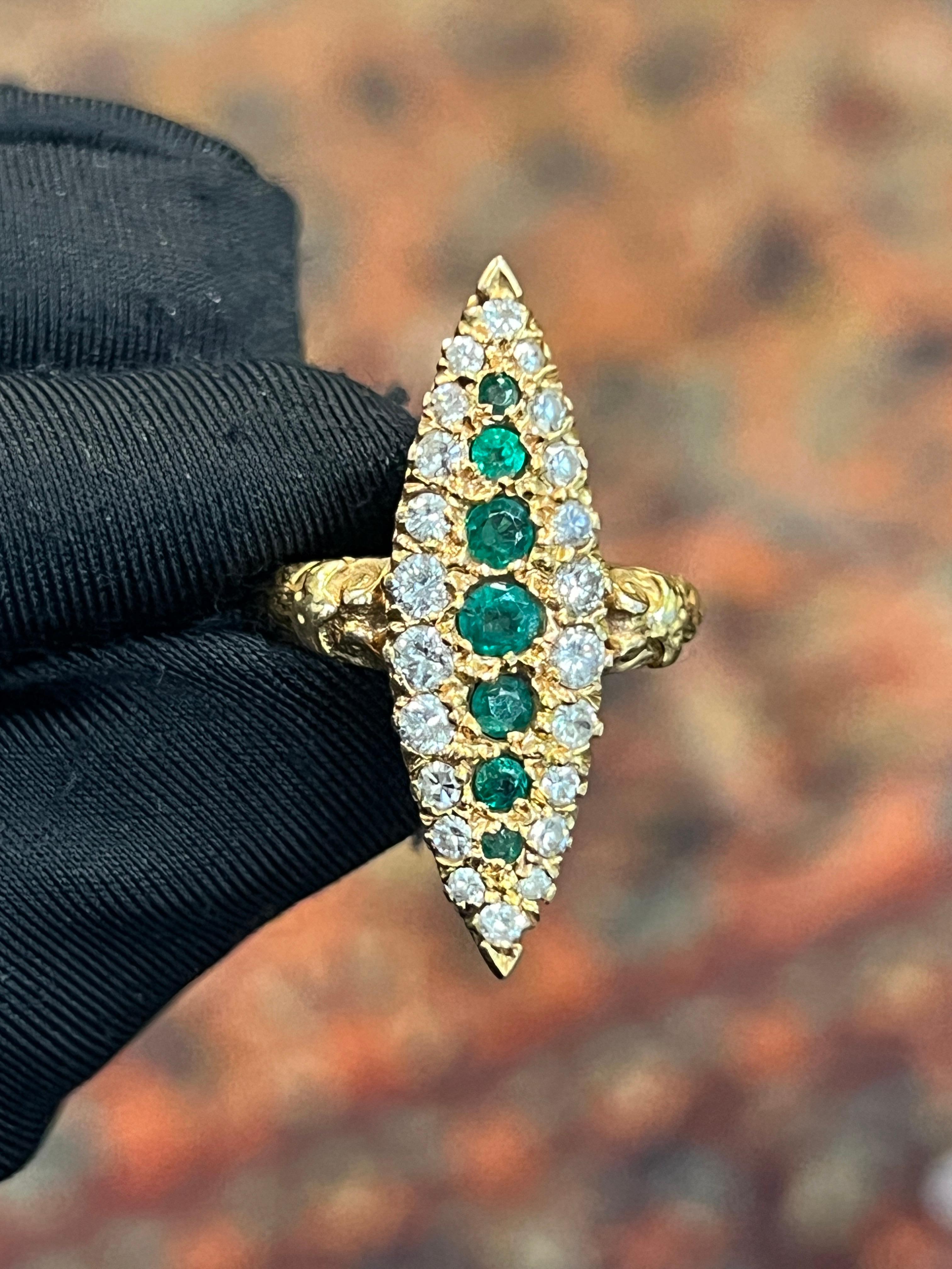 Round Cut Emerald and Diamond Navette Ring For Sale