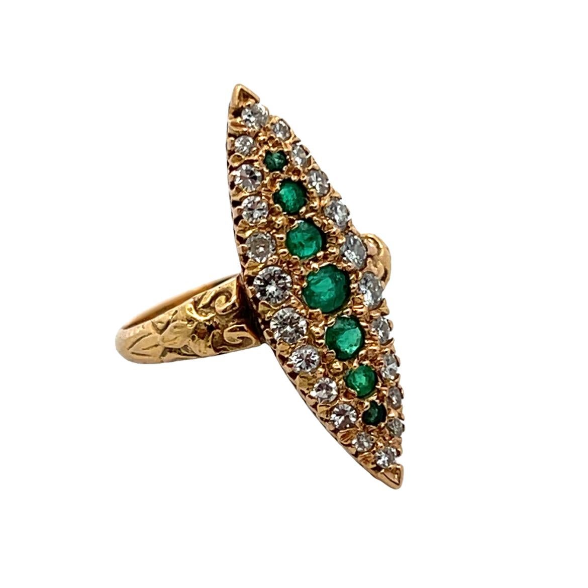 Emerald and Diamond Navette Ring For Sale 2