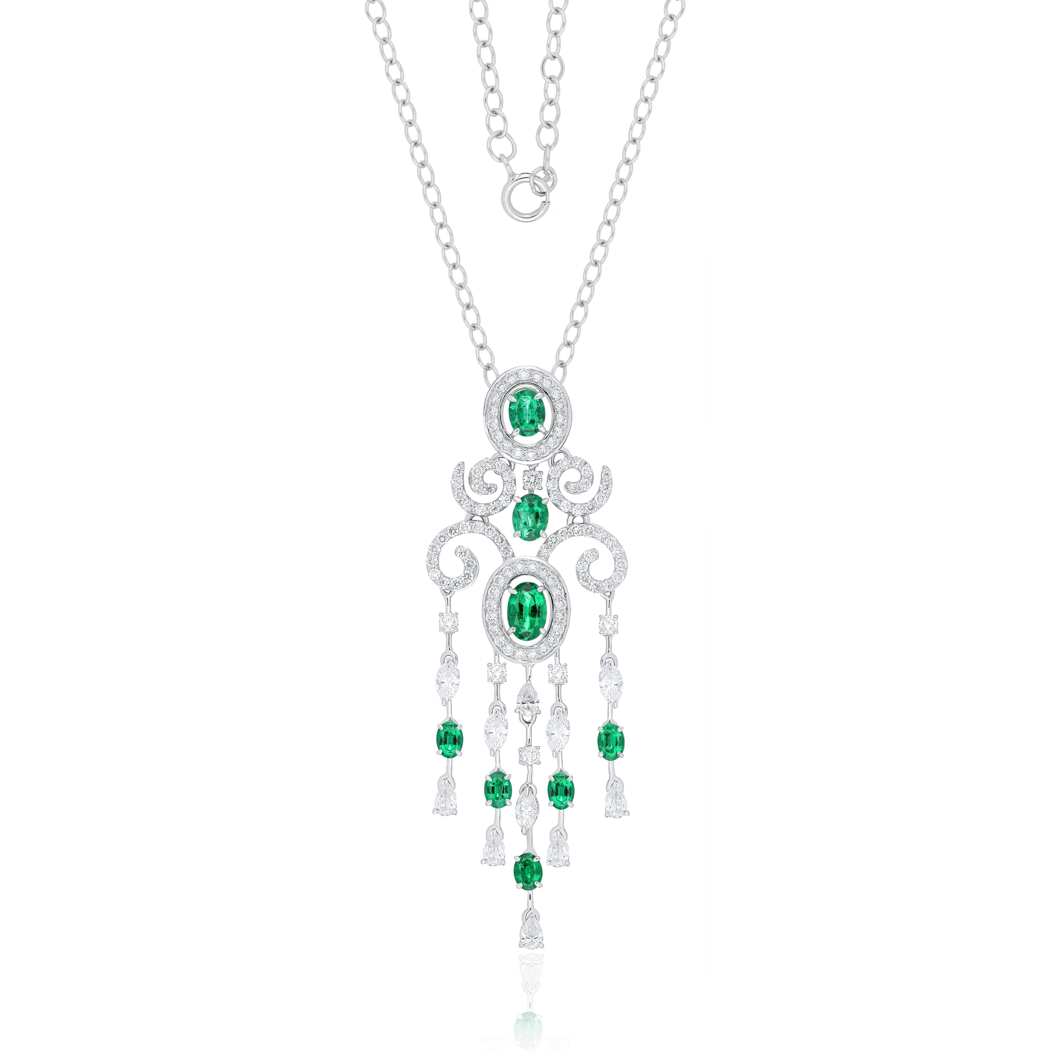 Oval Cut Emerald And Diamond Necklace 18 Karat White Gold jewelry, handcraft Pendant For Sale