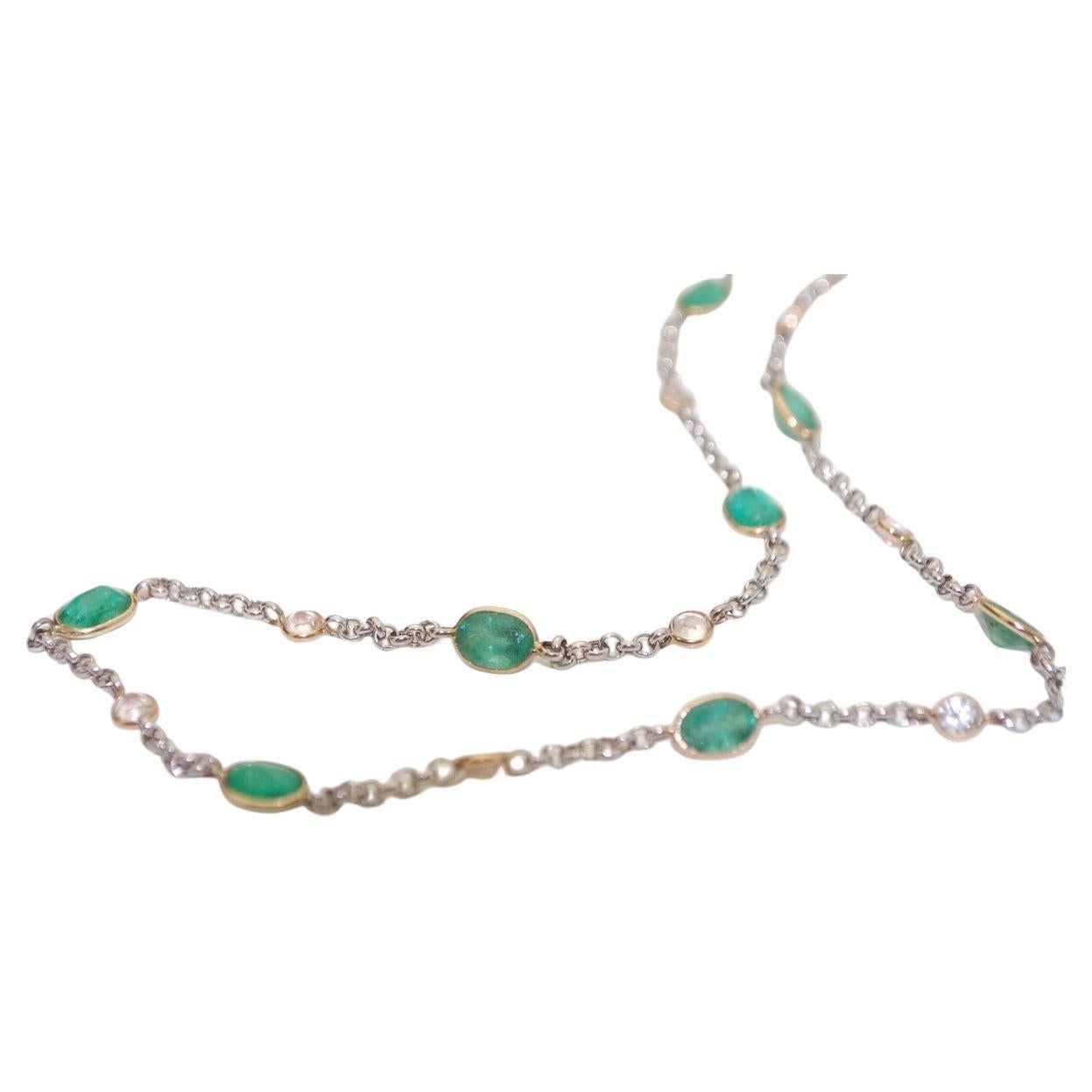 Emerald and diamond necklace 18" rolo style diamonds by the yard bezel set 14KT