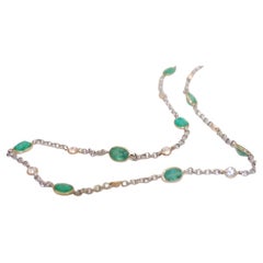 Emerald and diamond necklace 18" rolo style diamonds by the yard bezel set 14KT