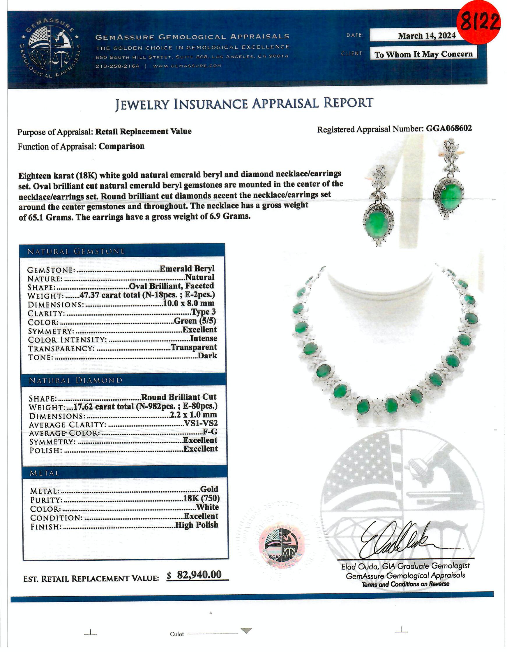 Articolo #8122 

Certificato GGA (Gemassure Gemological Appraisals)
Collana da donna in 18 carati con smeraldo e diamanti 47,37 carati di smeraldo e 17,62 carati di diamanti

Collana/orecchini in oro bianco 18 carati (18K) con smeraldo naturale,