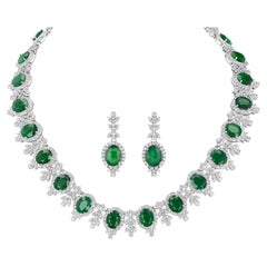 Emerald and Diamond Necklace and Dangling Earrings Set in 18K Gold
