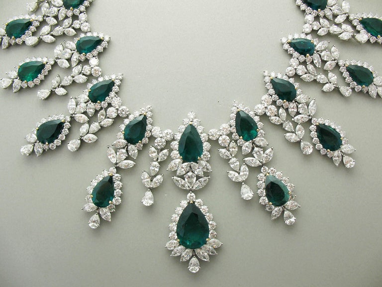 Emerald and Diamond Necklace and Earrings Set in Platinum and 18 Karat ...