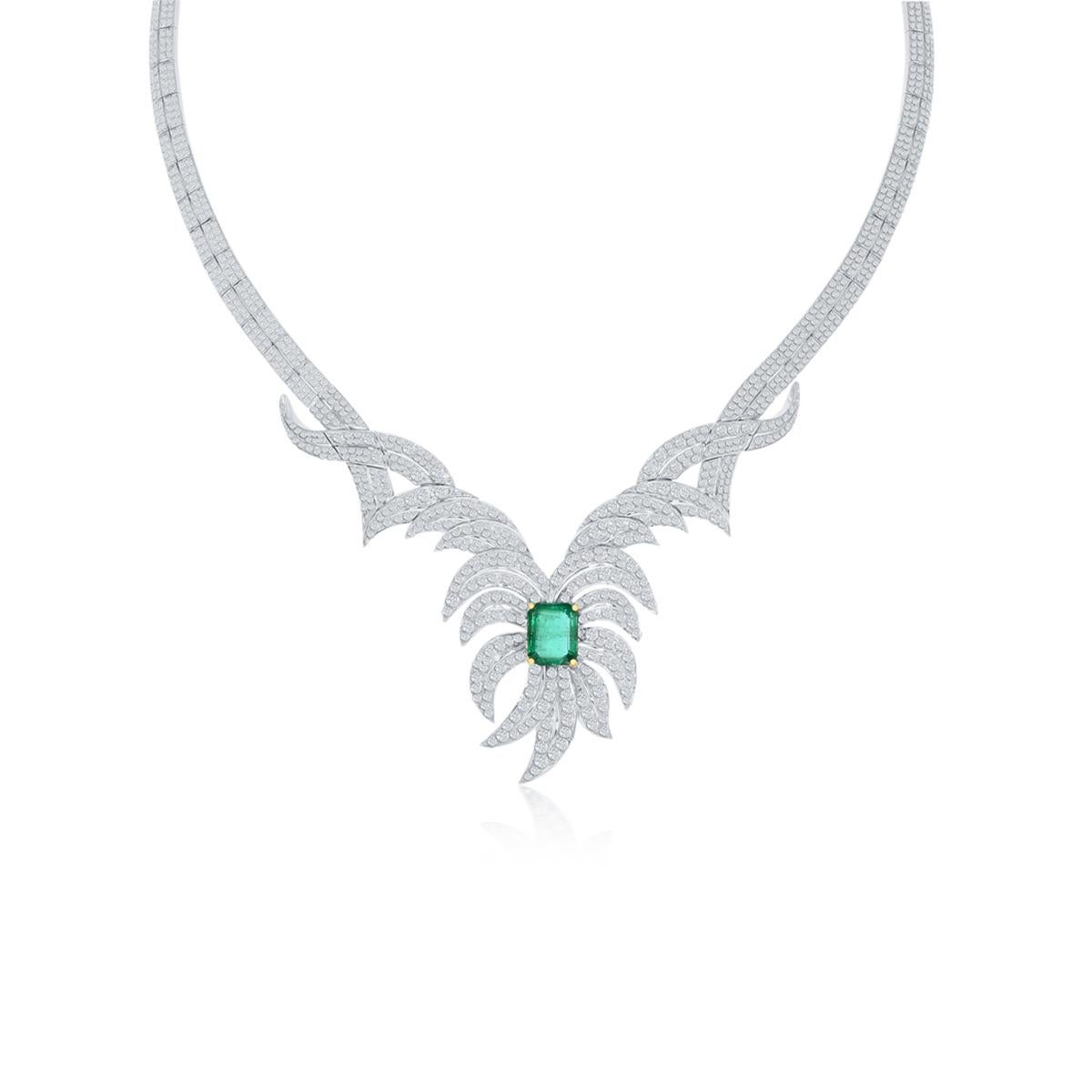 EMERALD AND DIAMOND NECKLACE
Beautiful lace-like diamond detail enhances a rich green octagonal emerald.
Item:	# 03022
Setting:	18K W
Lab:	C.Dunaigre
Color Weight:	5.13 ct. of Emerald
Diamond Weight:	15.35 ct. of Diamonds
