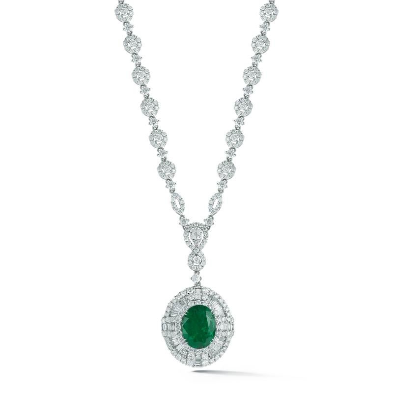 Modern Emerald And Diamond Necklace In 18K White Gold 