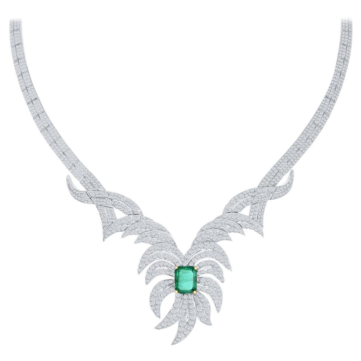 Emerald And Diamond Necklace In 18K White Gold For Sale
