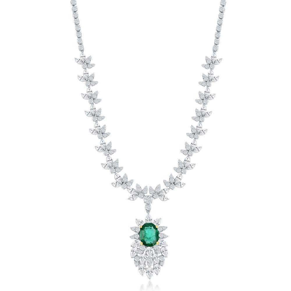 EMERALD AND DIAMOND
NECKLACE
Beautiful lace-like diamond detail enhances a rich green oval emerald
Item: # 03030
Metal: 18k W
Lab: C.dunaigre
Color Weight: 3.32 ct.
Diamond Weight: 11.56 ct.