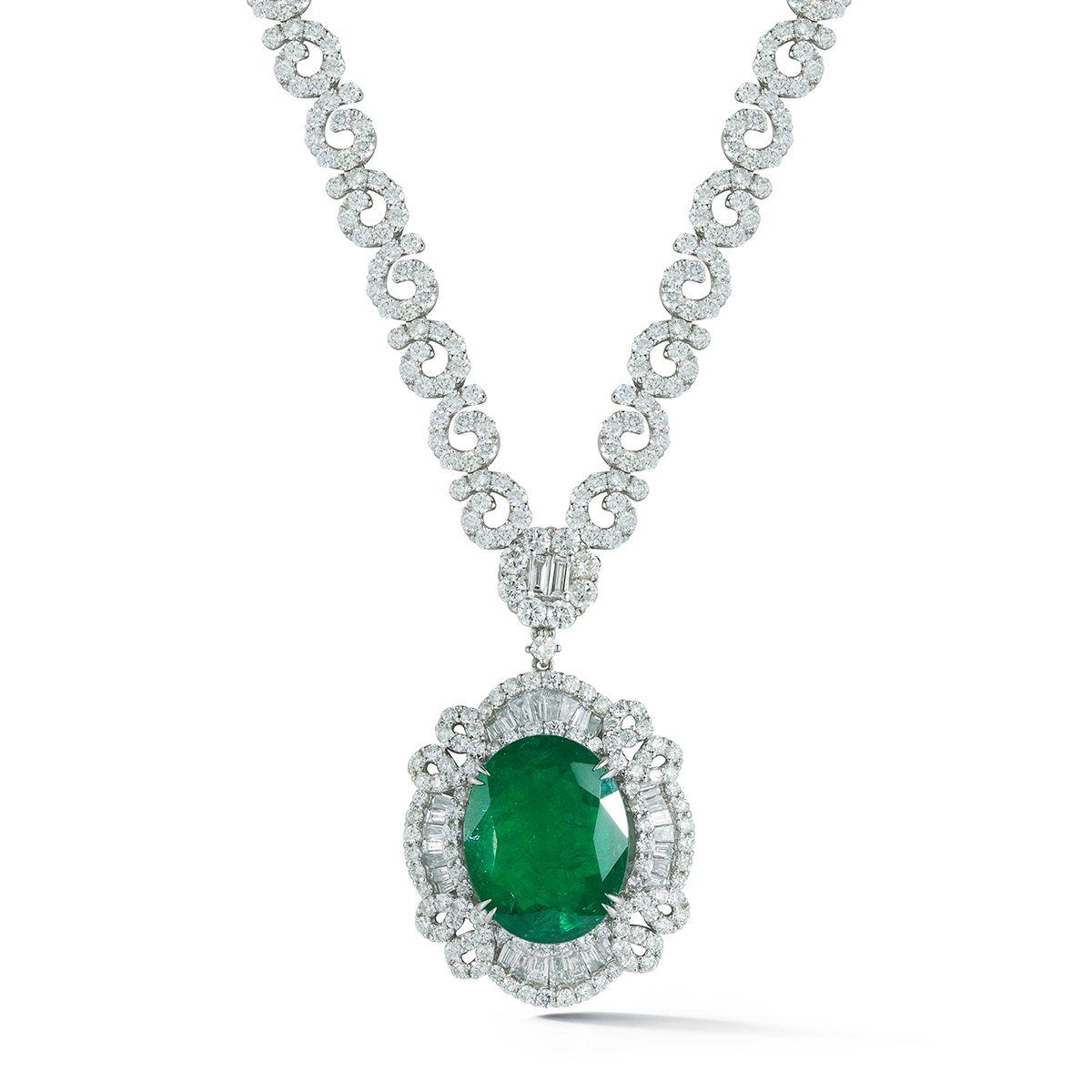 EMERALD AND DIAMOND
NECKLACE
Beautiful lace-like diamond detail enhances a rich green oval emerald.
Item: # 02666
Metal: 18k W
Color Weight: 8.91 ct.
Diamond Weight: 11.71 ct.