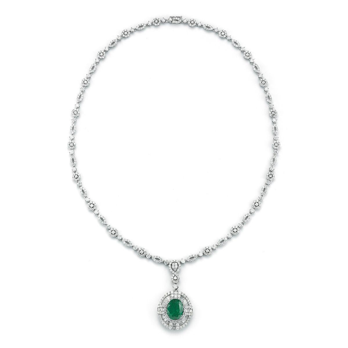 18k White Gold 4.37ct Emerald And 8.16ct Diamond Necklace
A deco inspired setting shows off a beautiful oval emerald.
Item: # 02664
Metal: 18k W
Color Weight: 4.37 ct.
Diamond Weight: 8.16 ct.