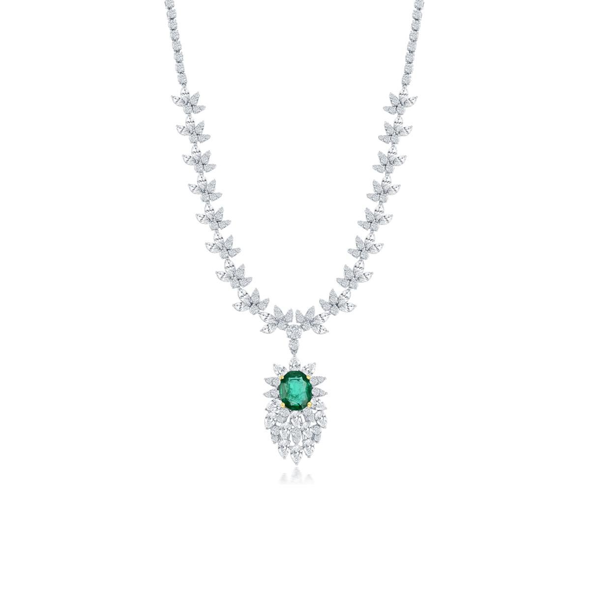 EMERALD AND DIAMOND NECKLACE
Beautiful lace-like diamond detail enhances a rich green oval emerald.
Item:	# 03030
Metal:	18k W
Lab:	C.dunaigre
Color Weight:	3.32 ct.
Diamond Weight:	11.56 ct.