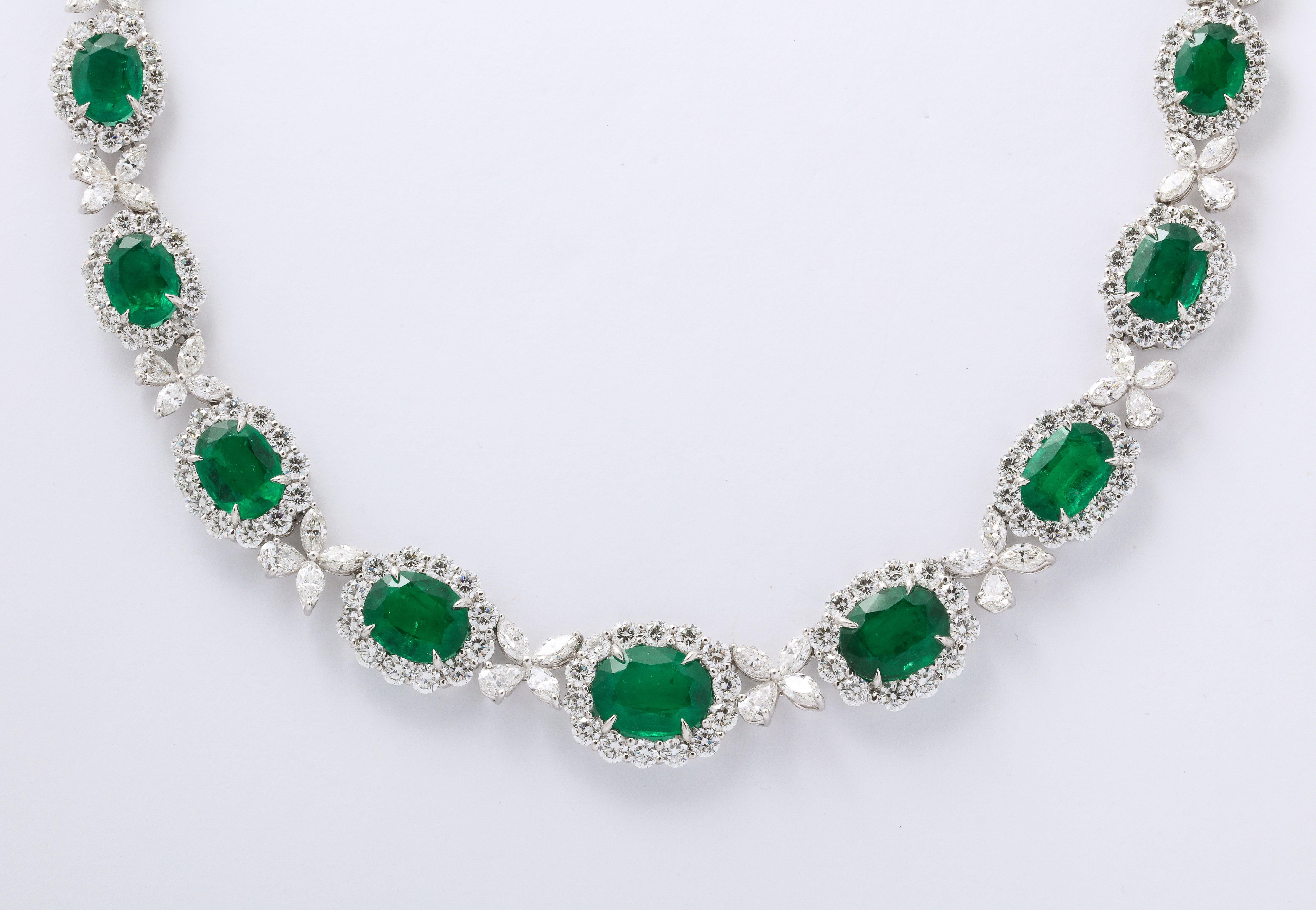 
An important emerald and diamond necklace.

52.93 carats of VIVID GREEN fine emeralds.

41.37 carats of white round brilliant, pear and marquise cut diamonds. 

Set in Platinum

Certified by C. Dunaigre Consulting of Switzerland

17.5 inch length