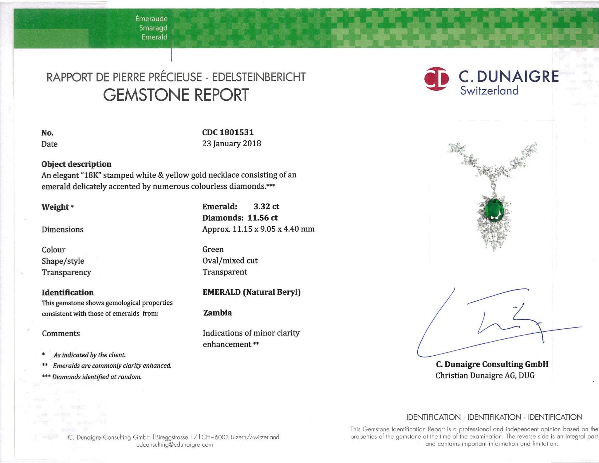 Brilliant Cut 18k White Gold 3.32ct Emerald And 11.56ct Diamond Necklace For Sale