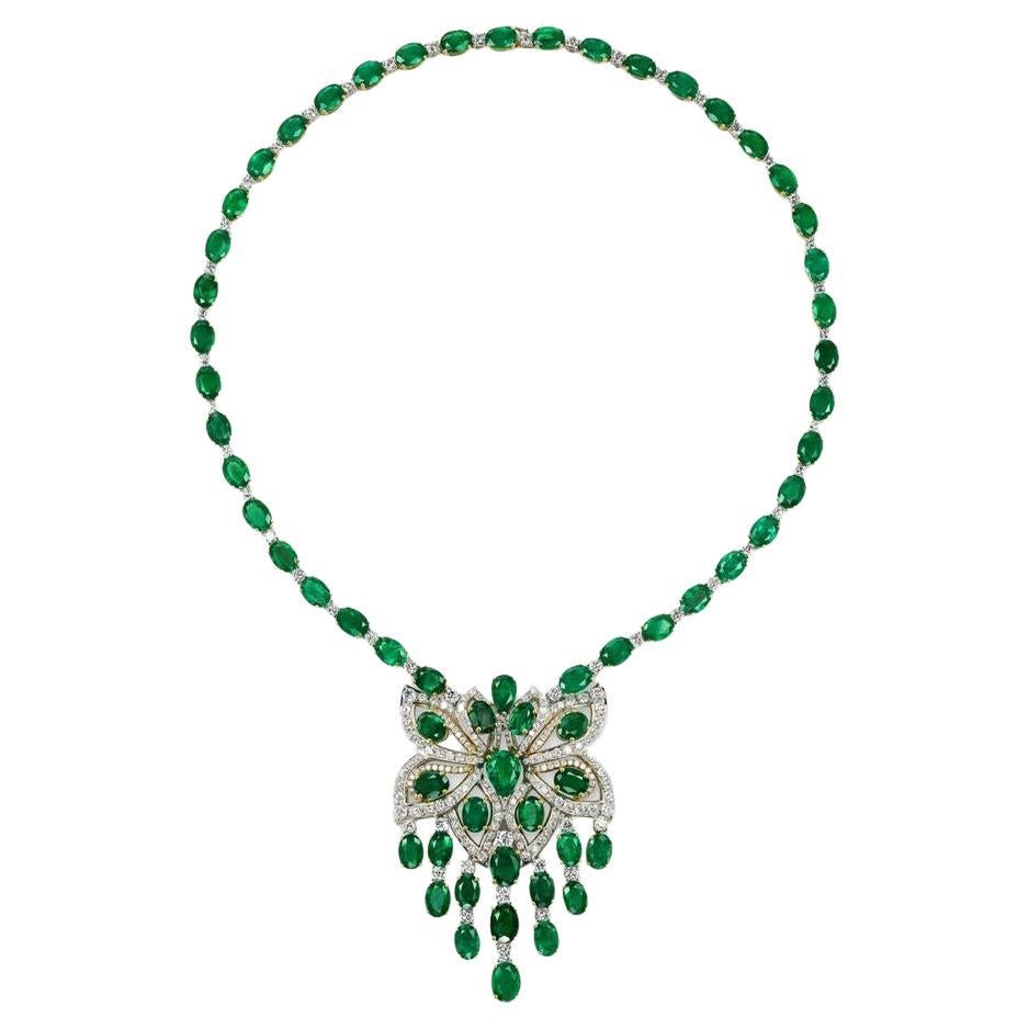18k White and Yellow Gold 48.06ct Emerald And 7.94ct Diamond Necklace For Sale