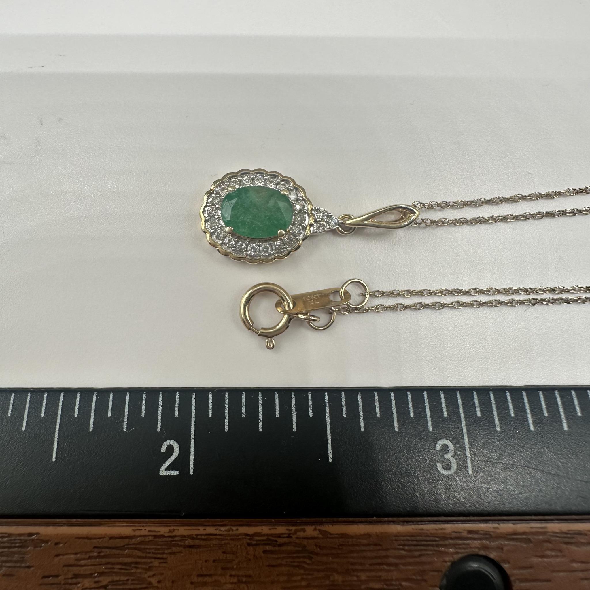 Women's Emerald and Diamond Necklace in 10kt Yellow Gold - 0.18ctw Diamonds, 6.8x5mm Em. For Sale
