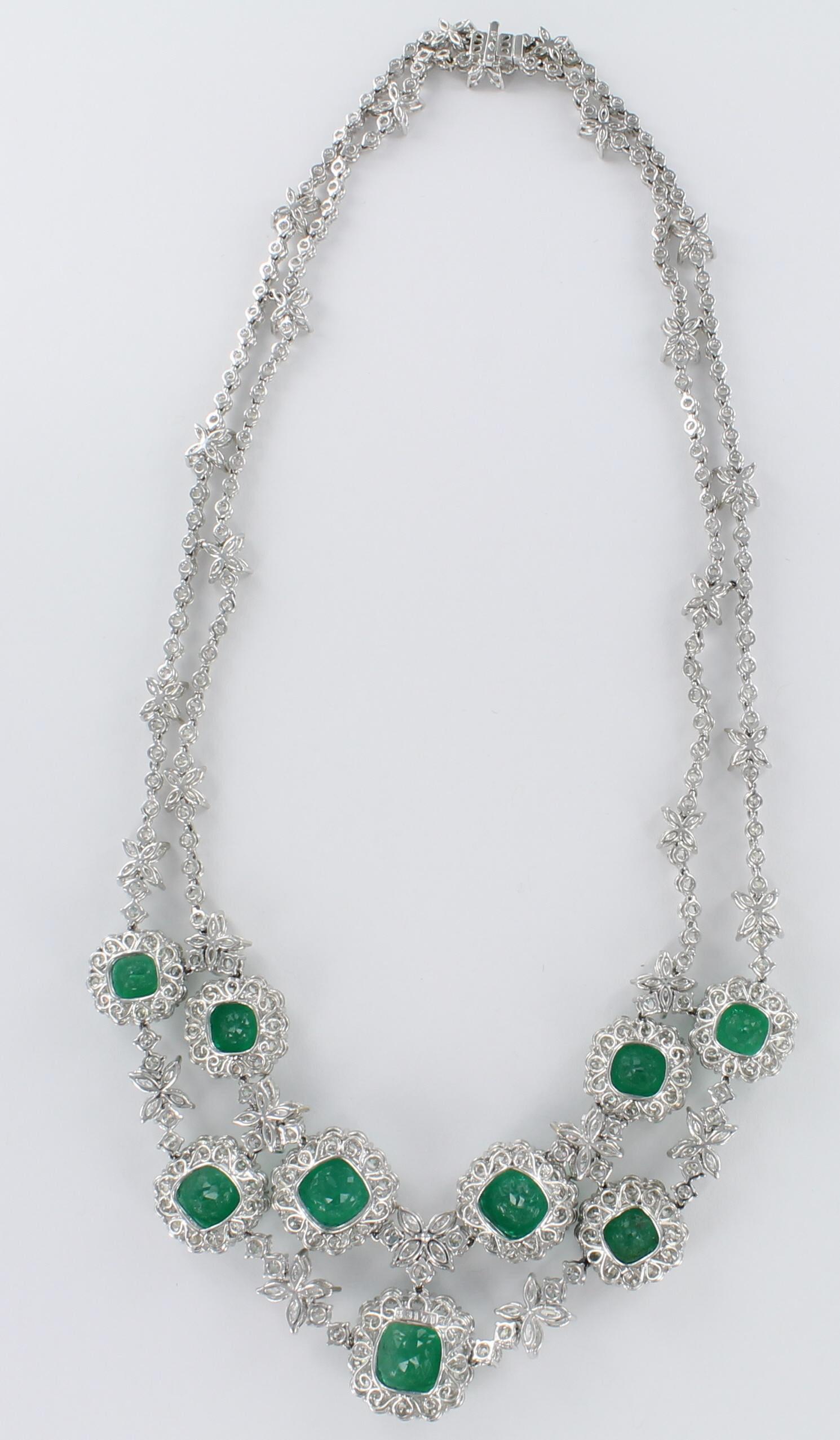 Cushion Cut Emerald and Diamond Necklace in 18 Karat White Gold For Sale