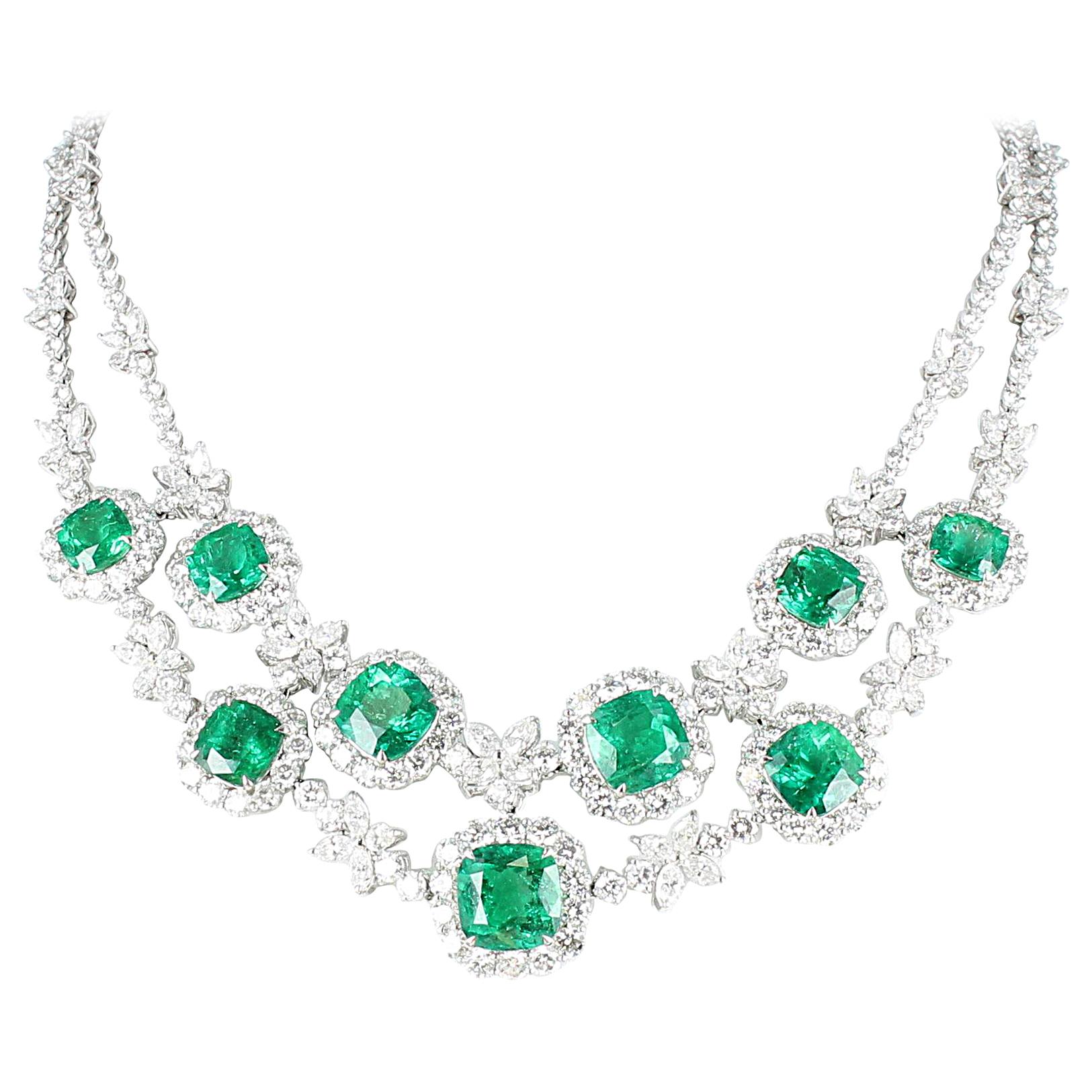 Emerald and Diamond Necklace in 18 Karat White Gold For Sale