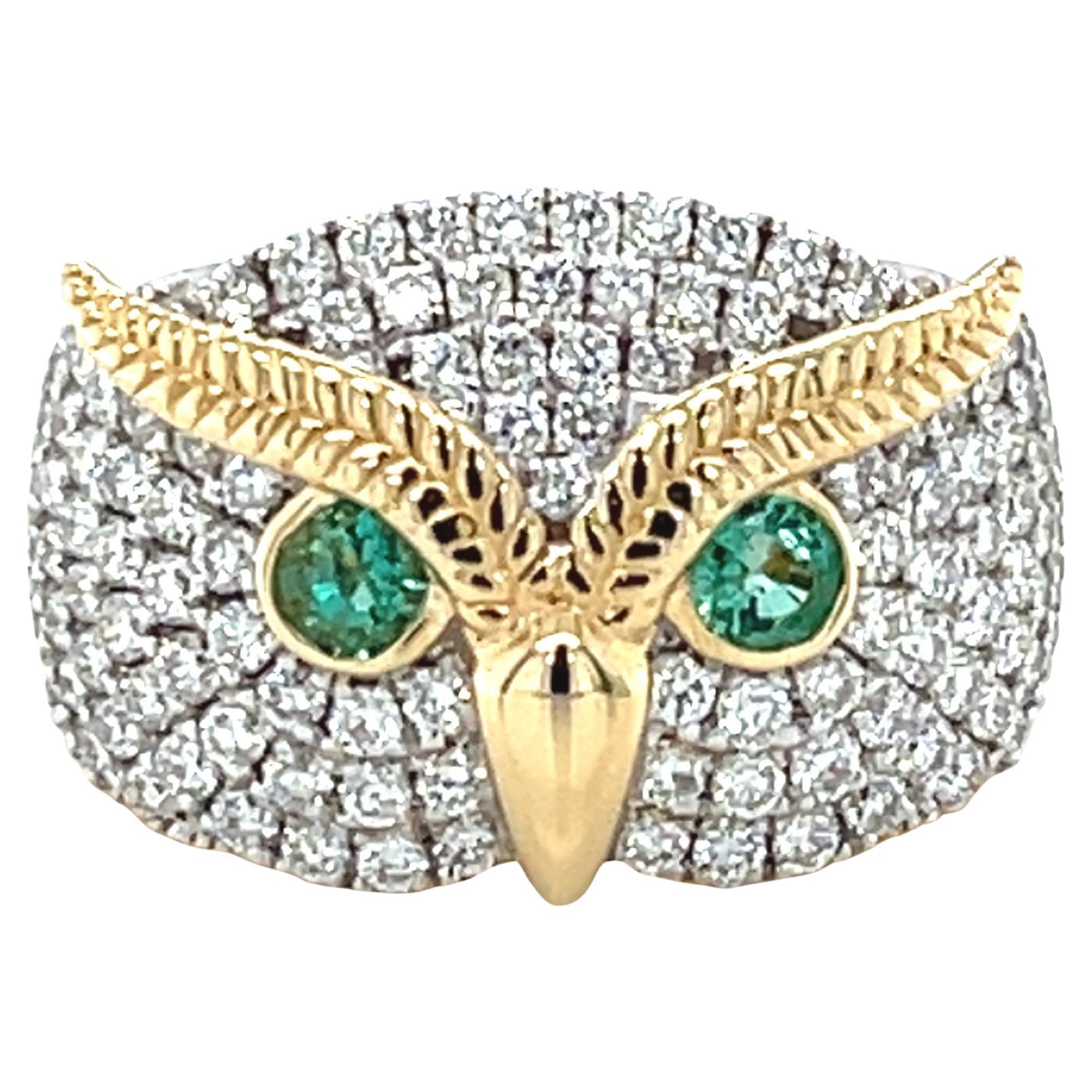 Emerald and Diamond "Owl" Band Ring in 18k Yellow Gold