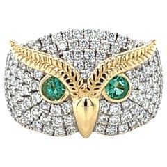 Bague "hibou" en or jaune 18k avec émeraudes et diamants