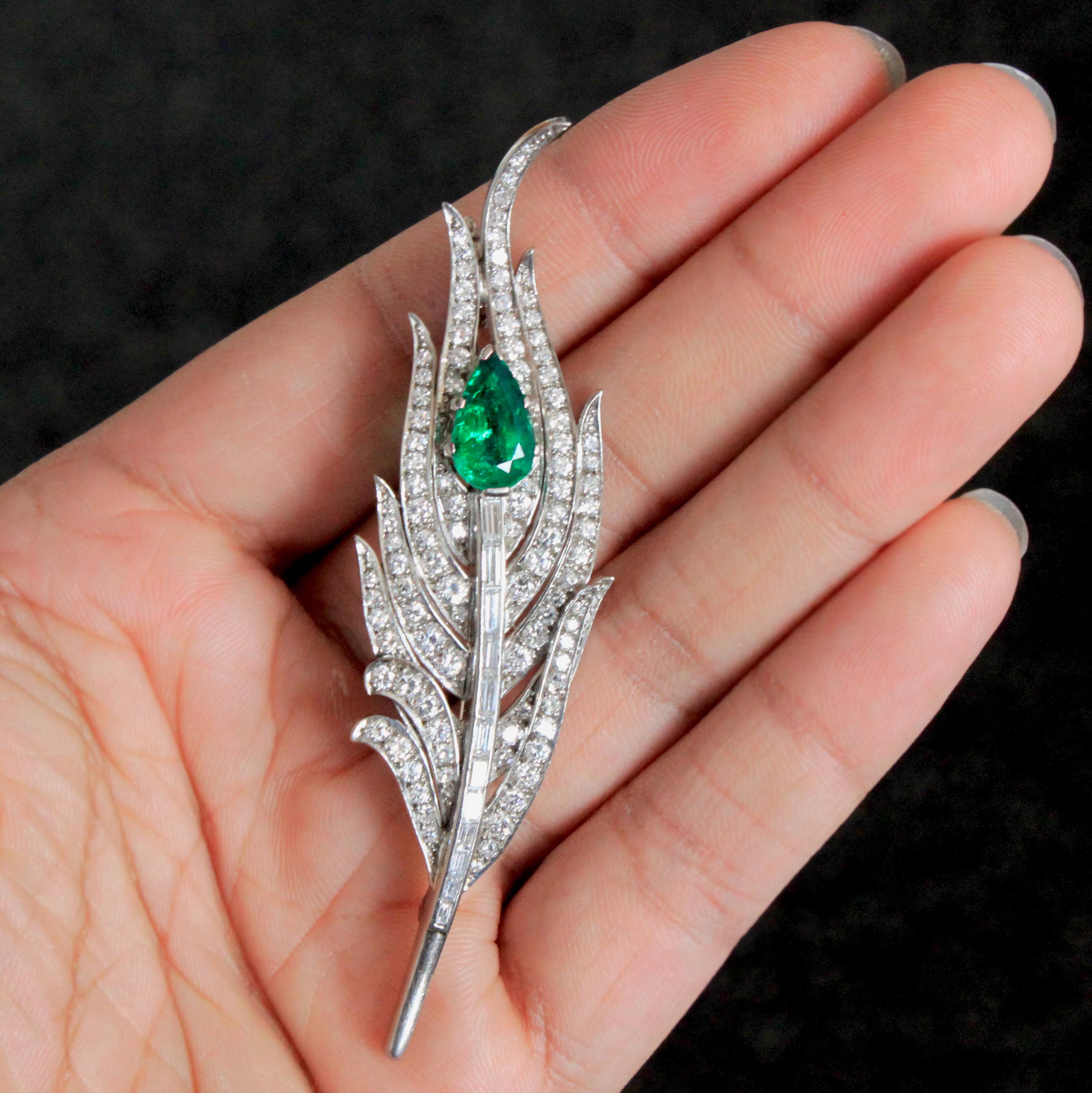 Pear Cut Emerald and Diamond Peacock Feather Brooch