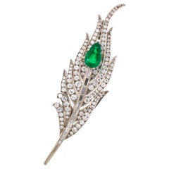 Vintage Emerald and Diamond Peacock Feather Brooch