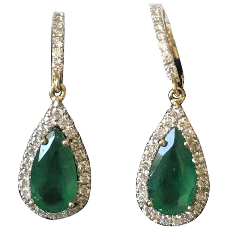 Emerald and Diamond Pear Drop Earrings For Sale