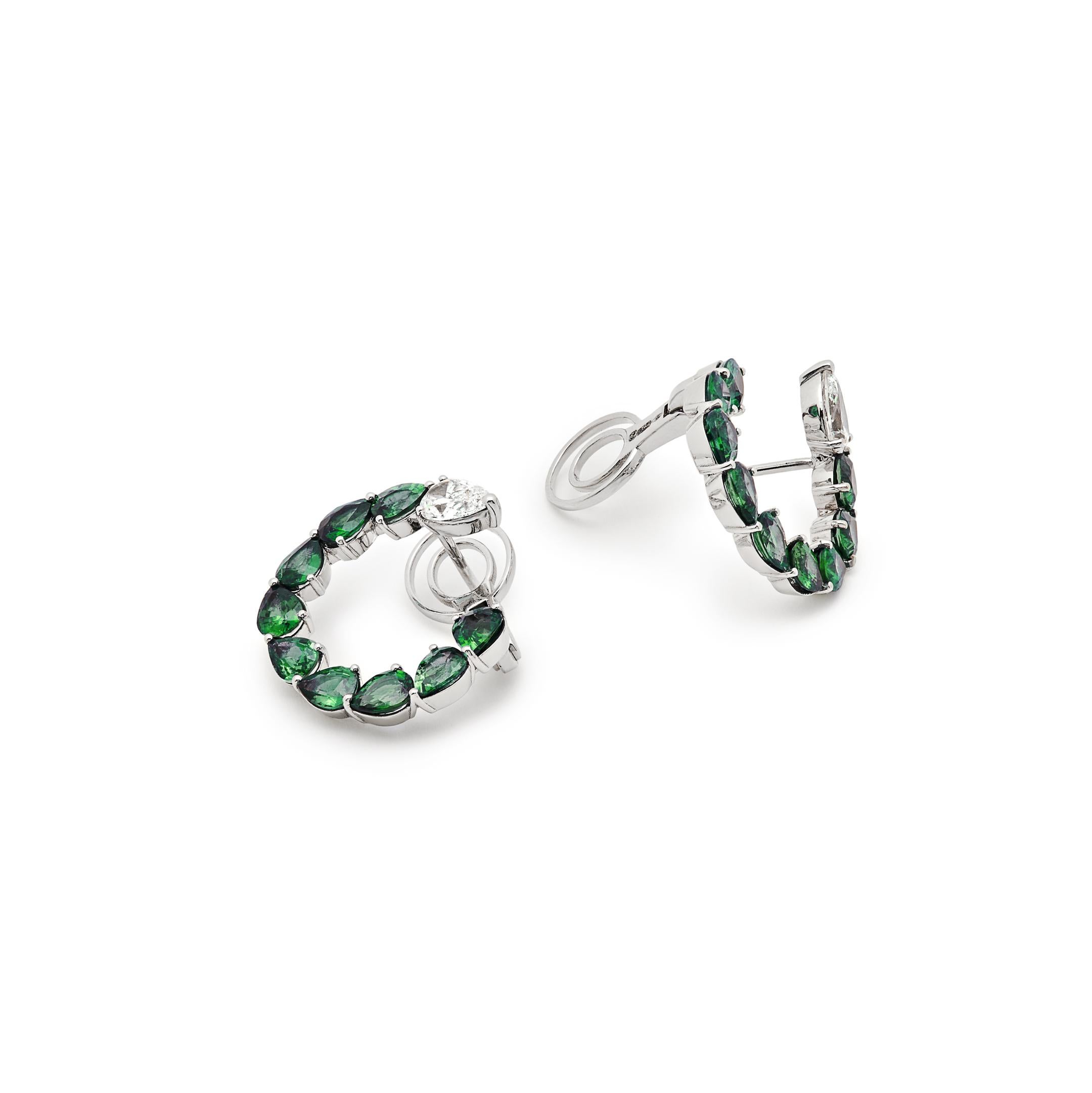 Contemporary Emerald and Diamond Pear-Shaped Hoop Earrings For Sale
