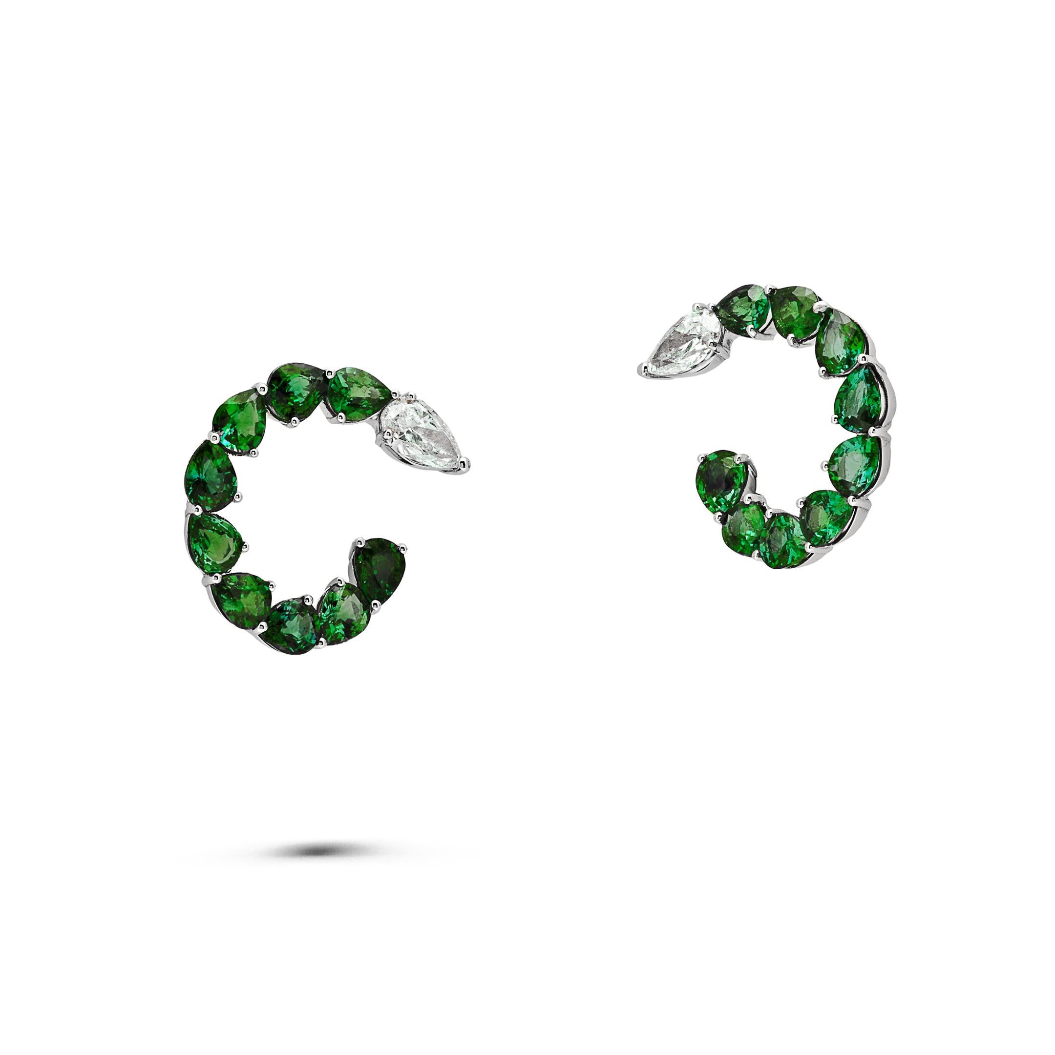 Pear Cut Emerald and Diamond Pear-Shaped Hoop Earrings For Sale