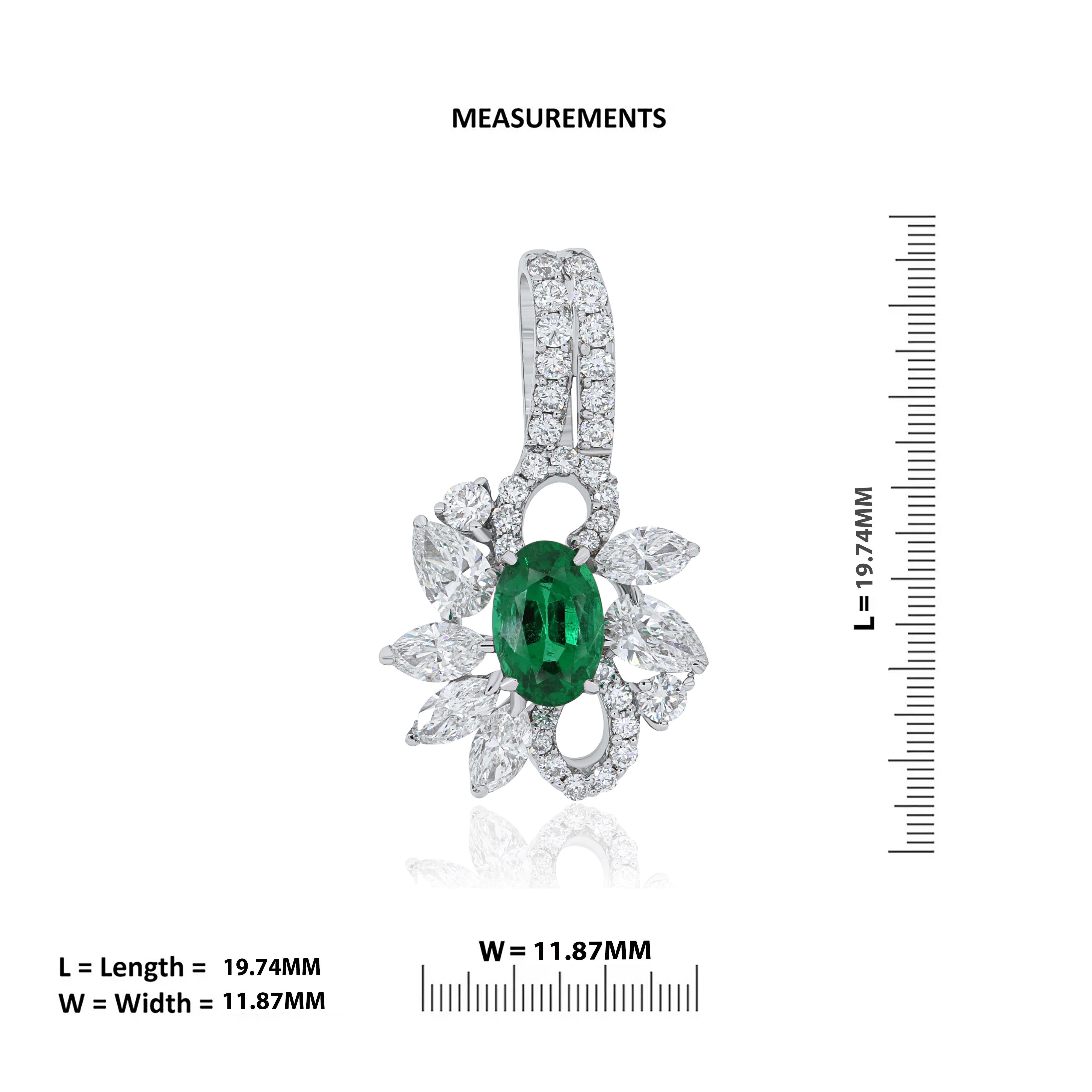 Women's or Men's Emerald and Diamond Pendant 18 Karat White Gold handcraft jewelry Pendant For Sale