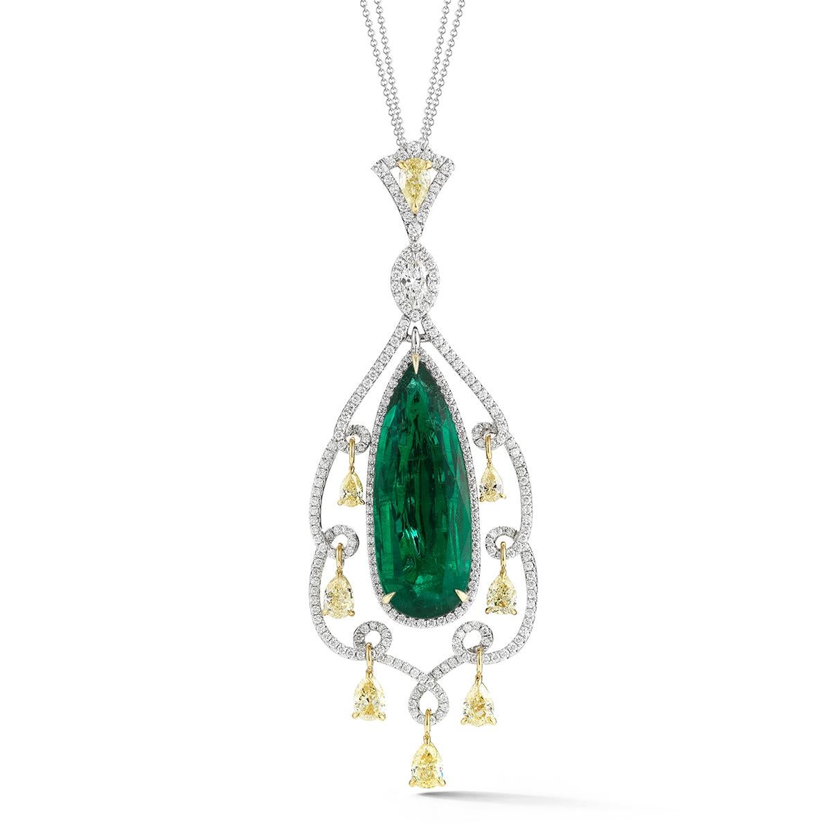 THE EMERALD DECADENCE PENDANT
The rich green of this Emerald is enhanced by the elegant movement of yellow diamonds.
Item:	# 02382
Metal:	18k W / Y
Lab:	Gia
Color Weight:	25.41 ct.
Diamond Weight:	10.25 ct.
