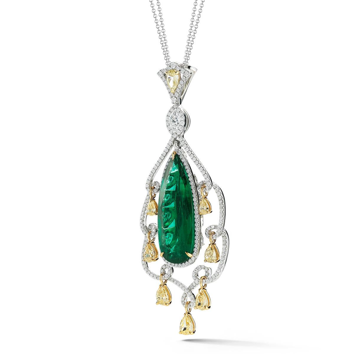 Pear Cut Emerald and Diamond Pendant by RayazTakat For Sale
