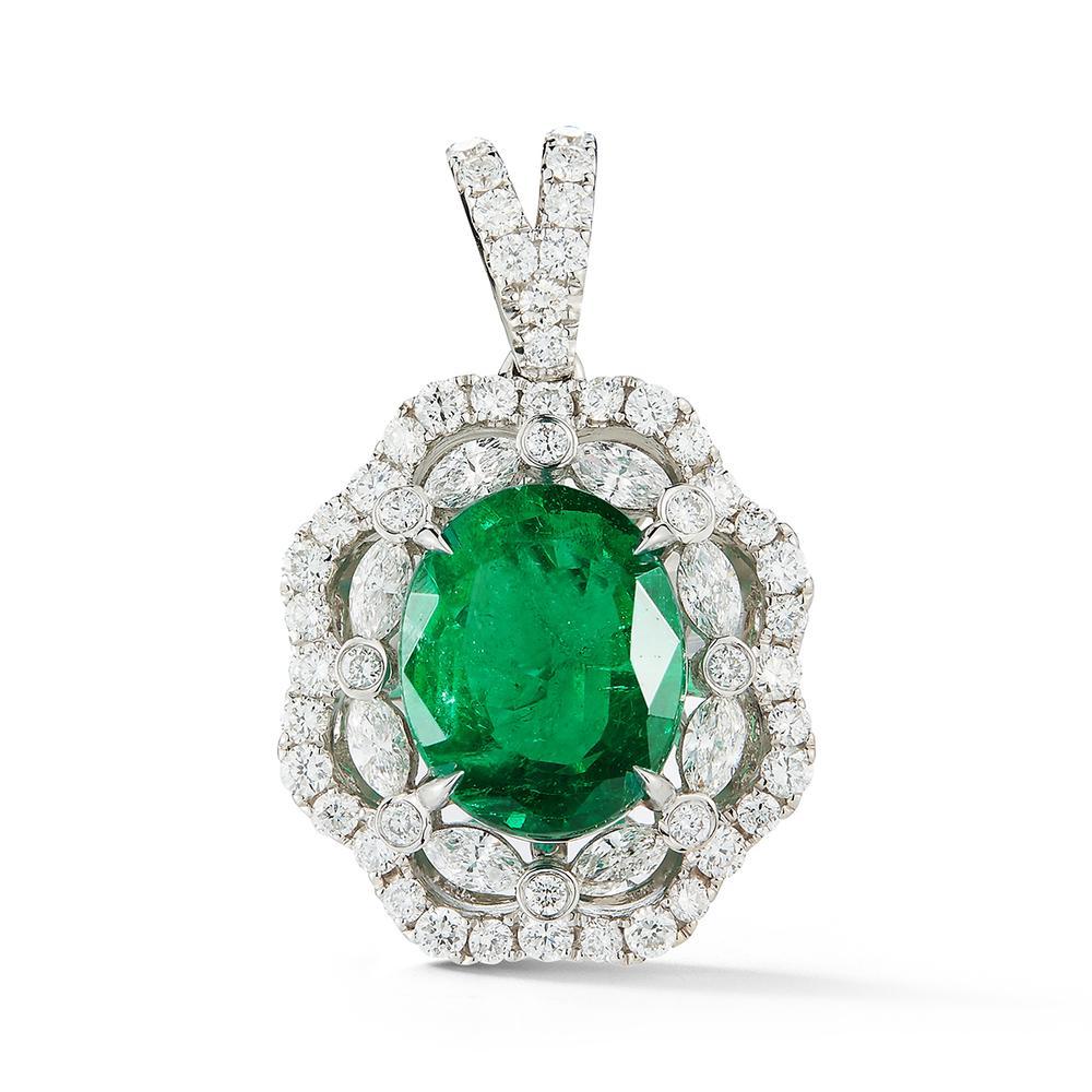 18k White Gold 3.05ct Emerald and 1.01ct Diamond Pendant

A classic lacy double halo surrounds a bright green oval emerald.
Item: # 02805
Metal: 18k W
Color Weight: 3.05 ct.
Diamond Weight: 1.01 ct.