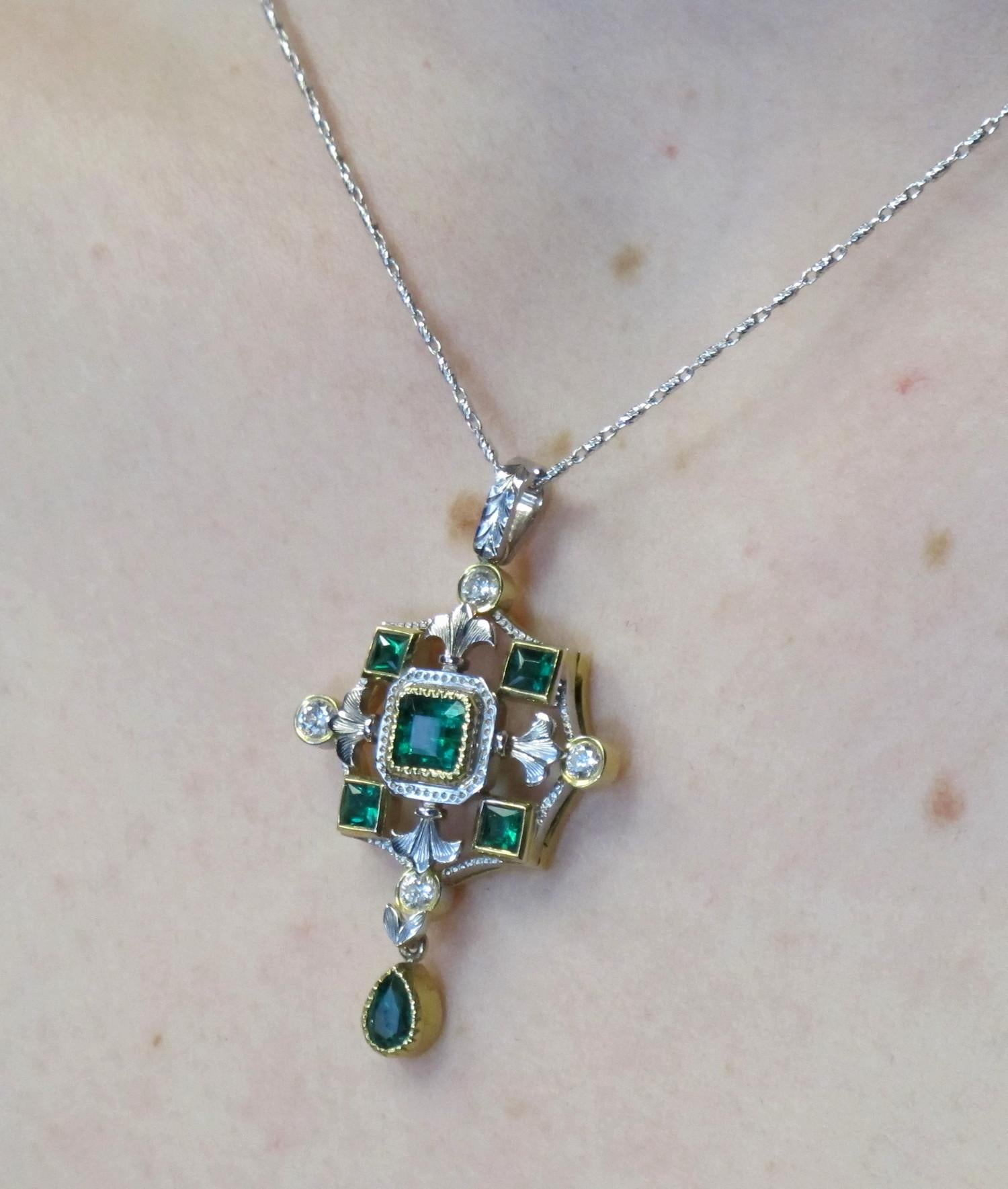 Women's Emerald and Diamond Renaissance Inspired Necklace in 18k White and Yellow Gold For Sale