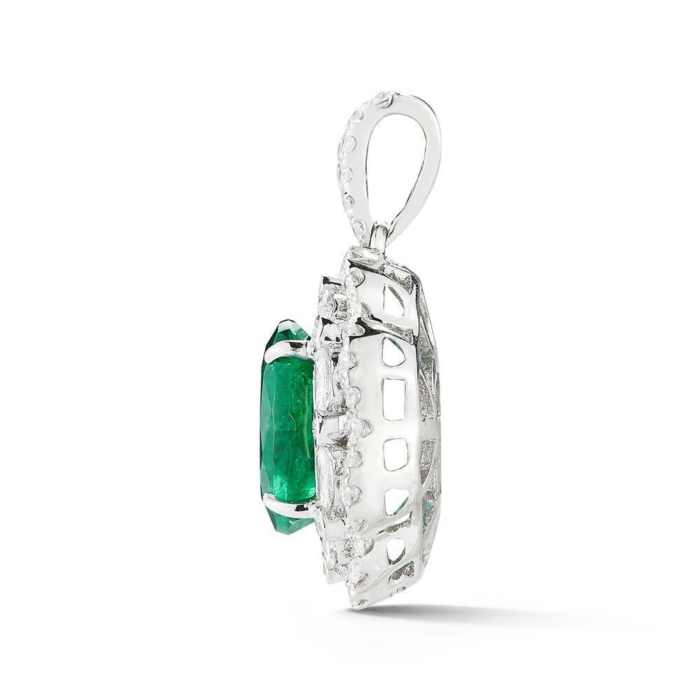 Modern 18k White Gold 3.05ct Emerald and 1.01ct Diamond Pendant For Sale
